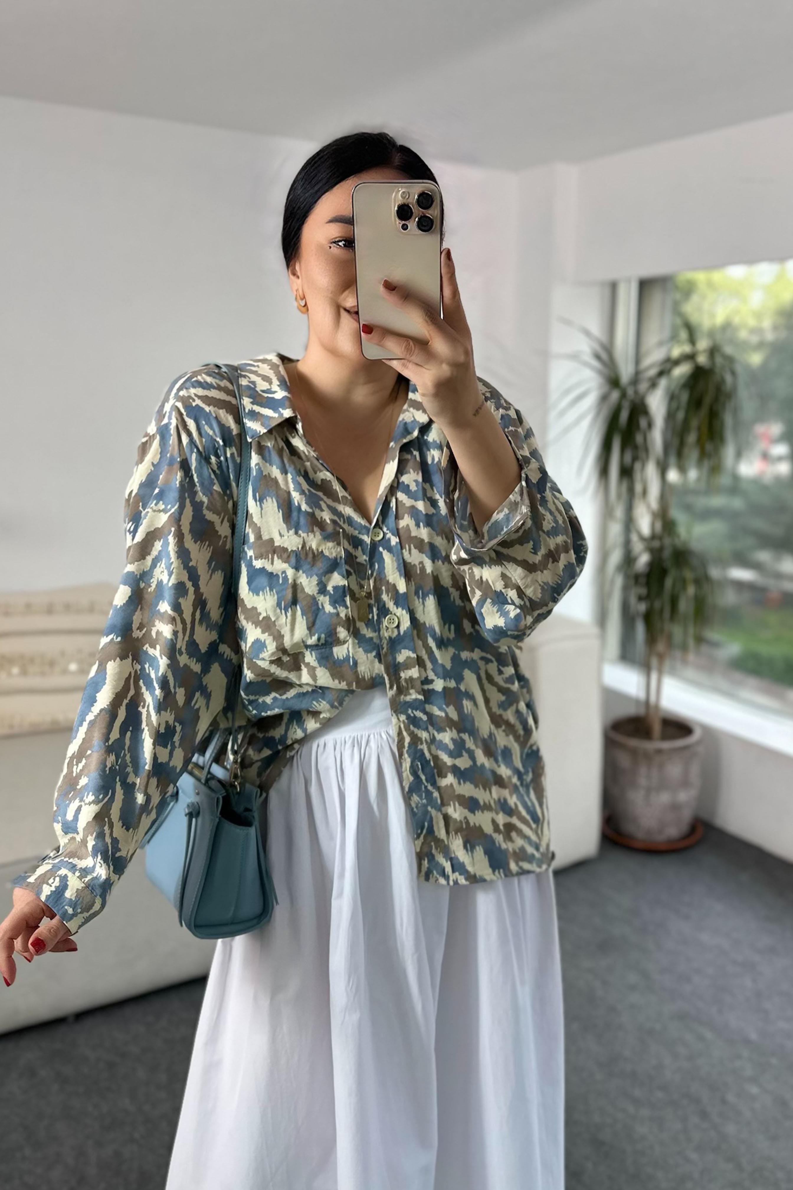 Premium Kalite Batik Desenli Basic Gömlek Mavi