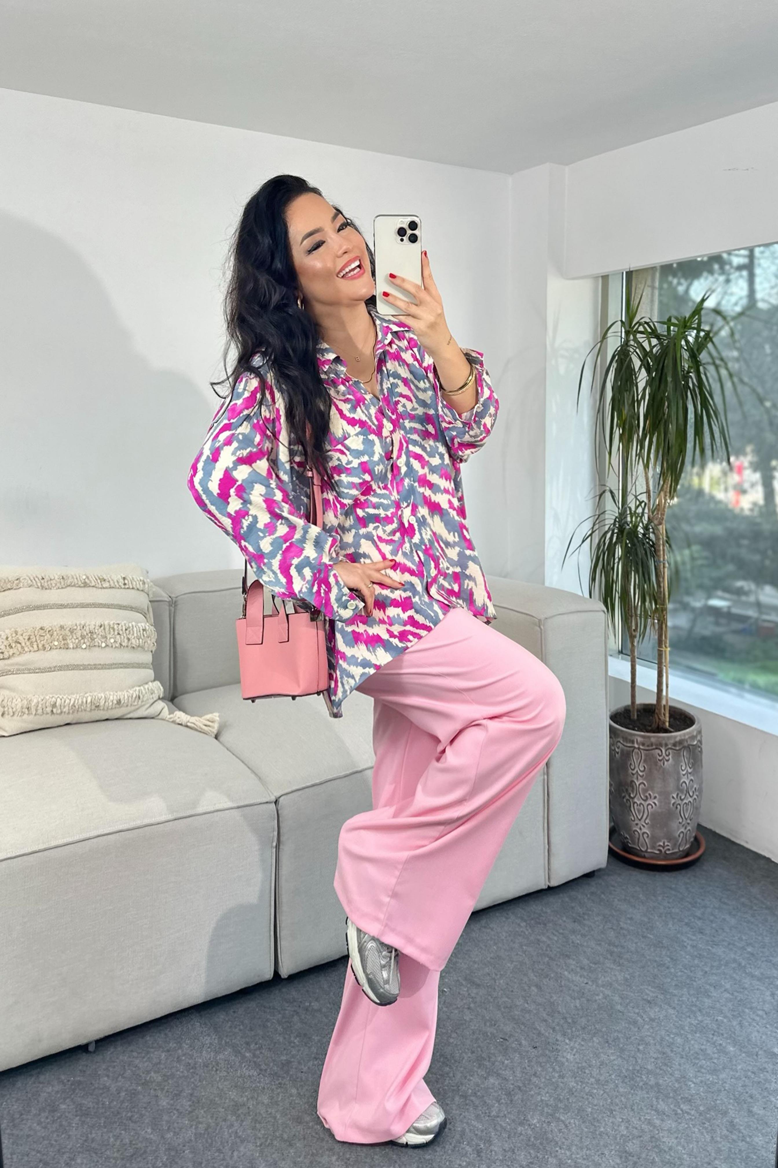 Premium Kalite Batik Desenli Basic Gömlek Fuşya