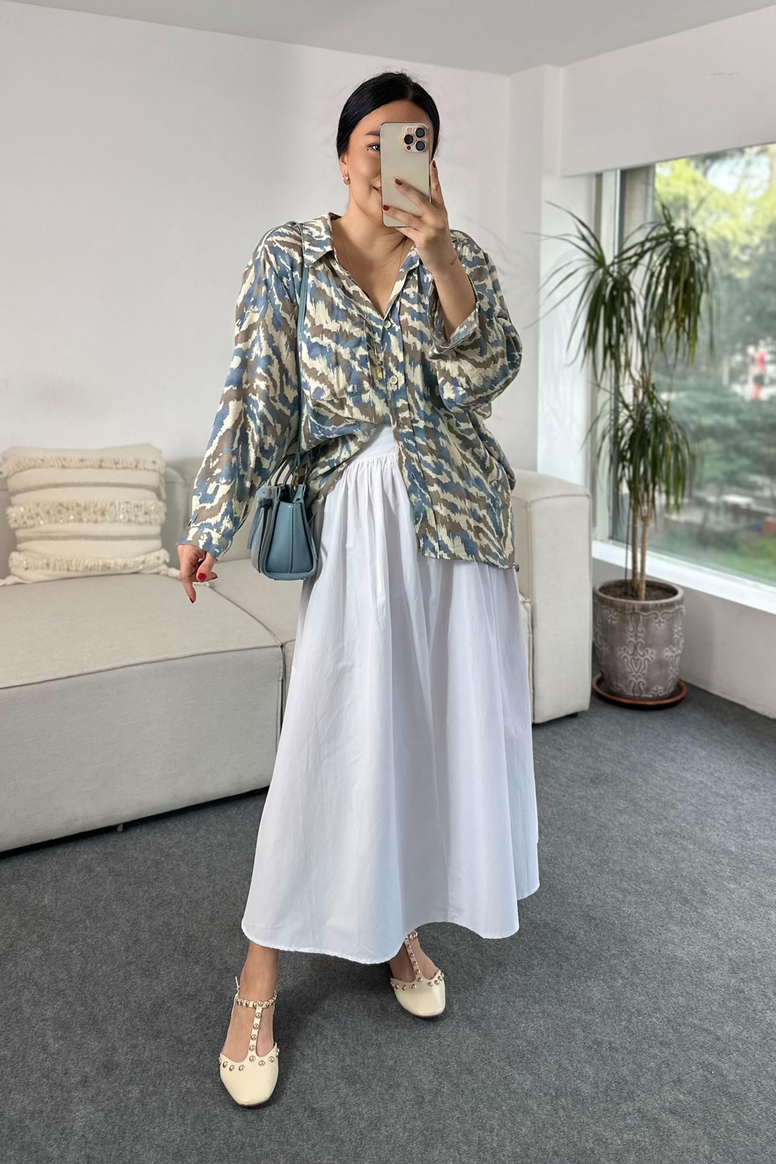Premium Kalite Batik Desenli Basic Gömlek Mavi