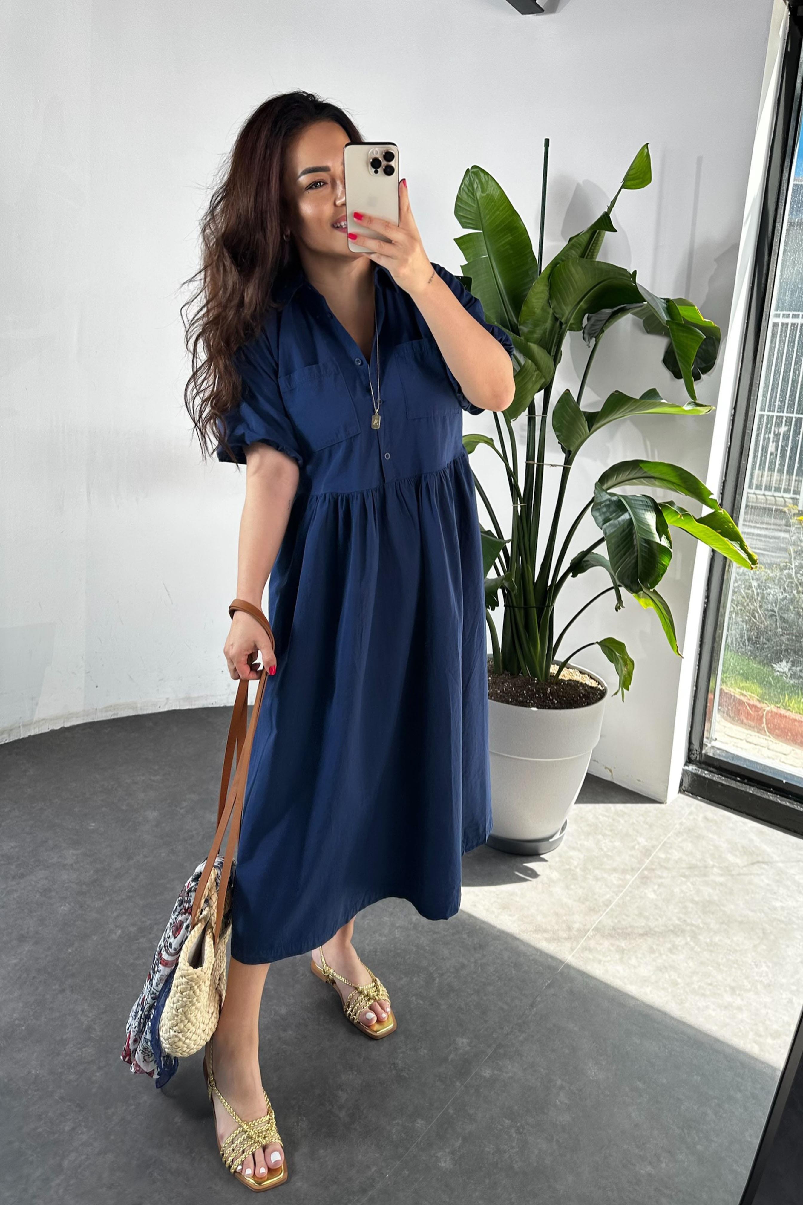 Premium Kalite Belden Büzgü Detaylı Oversize Midi Elbise Lacivert