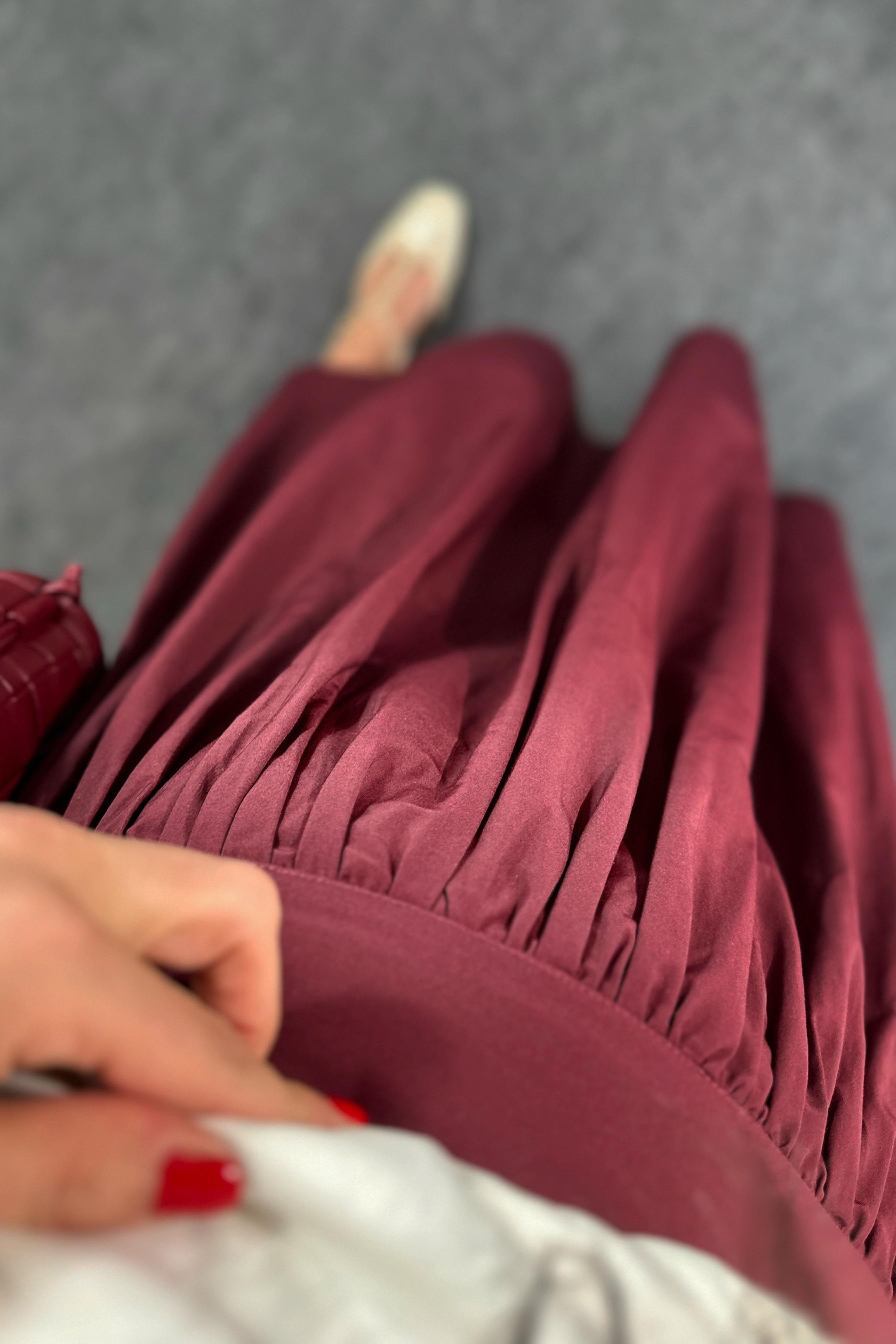 Premium Kalite Beli Korse Görünümlü Tasarım Etek Bordo