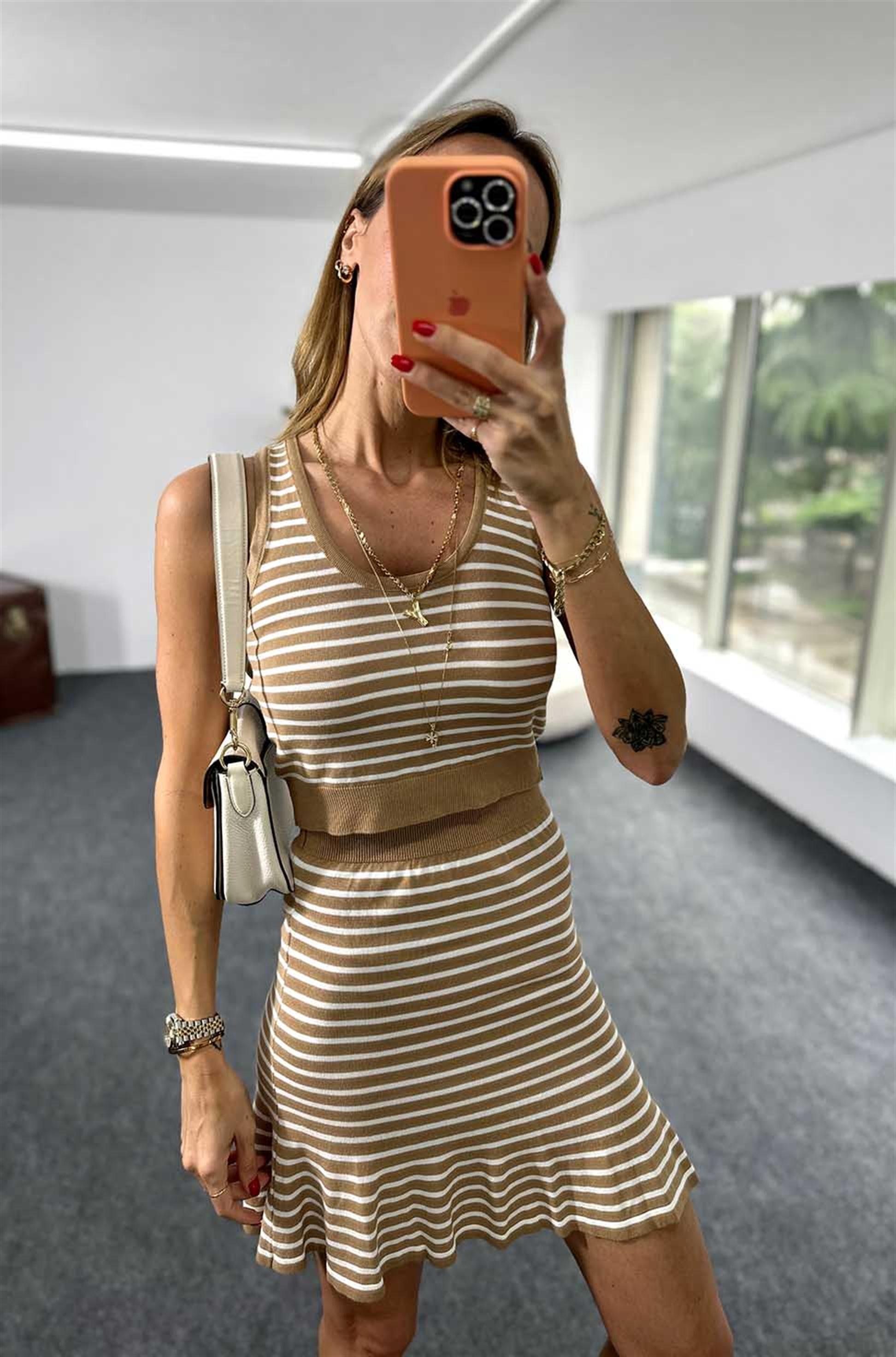 Premium Kalite Beli Lastikli Etek Bluz Kadın Triko Takım Camel