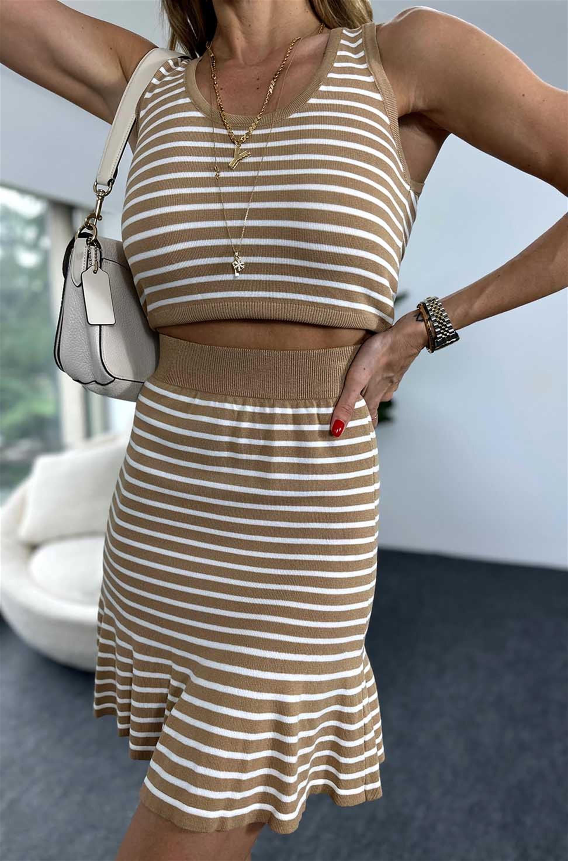 Premium Kalite Beli Lastikli Etek Bluz Kadın Triko Takım Camel