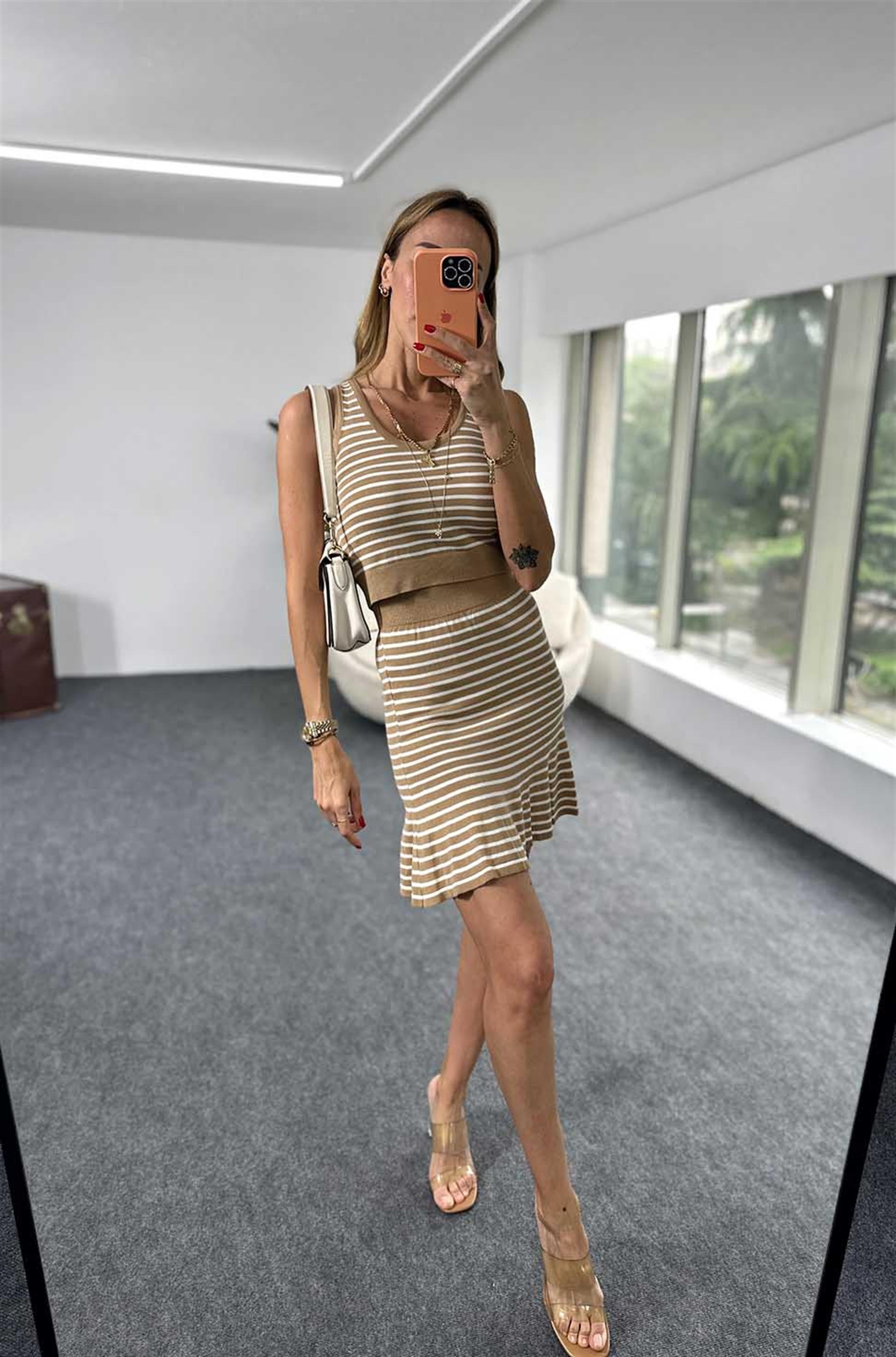 Premium Kalite Beli Lastikli Etek Bluz Kadın Triko Takım Camel