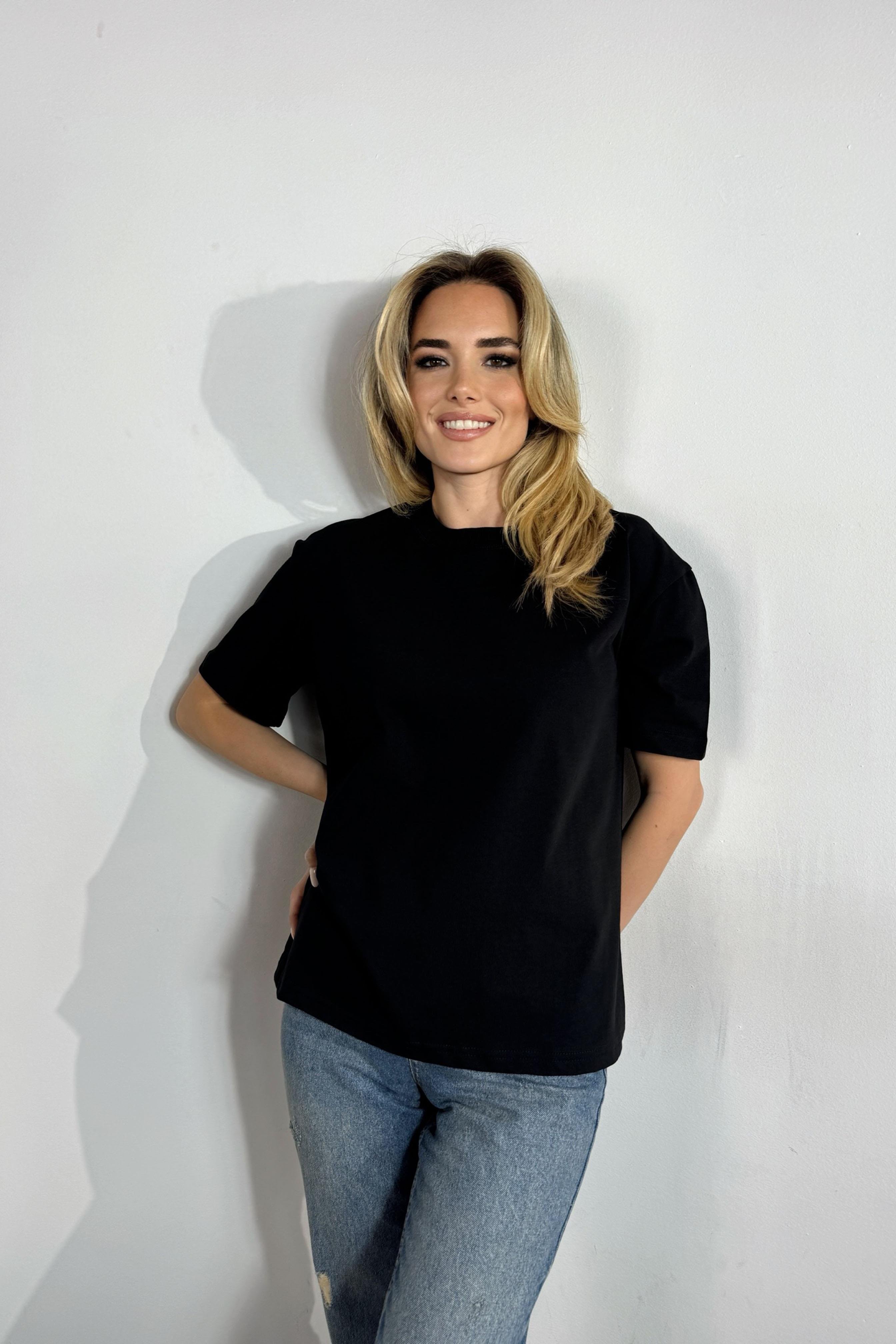 Premium Kalite Bisiklet Yaka Tok Doku Basic Tişört Siyah