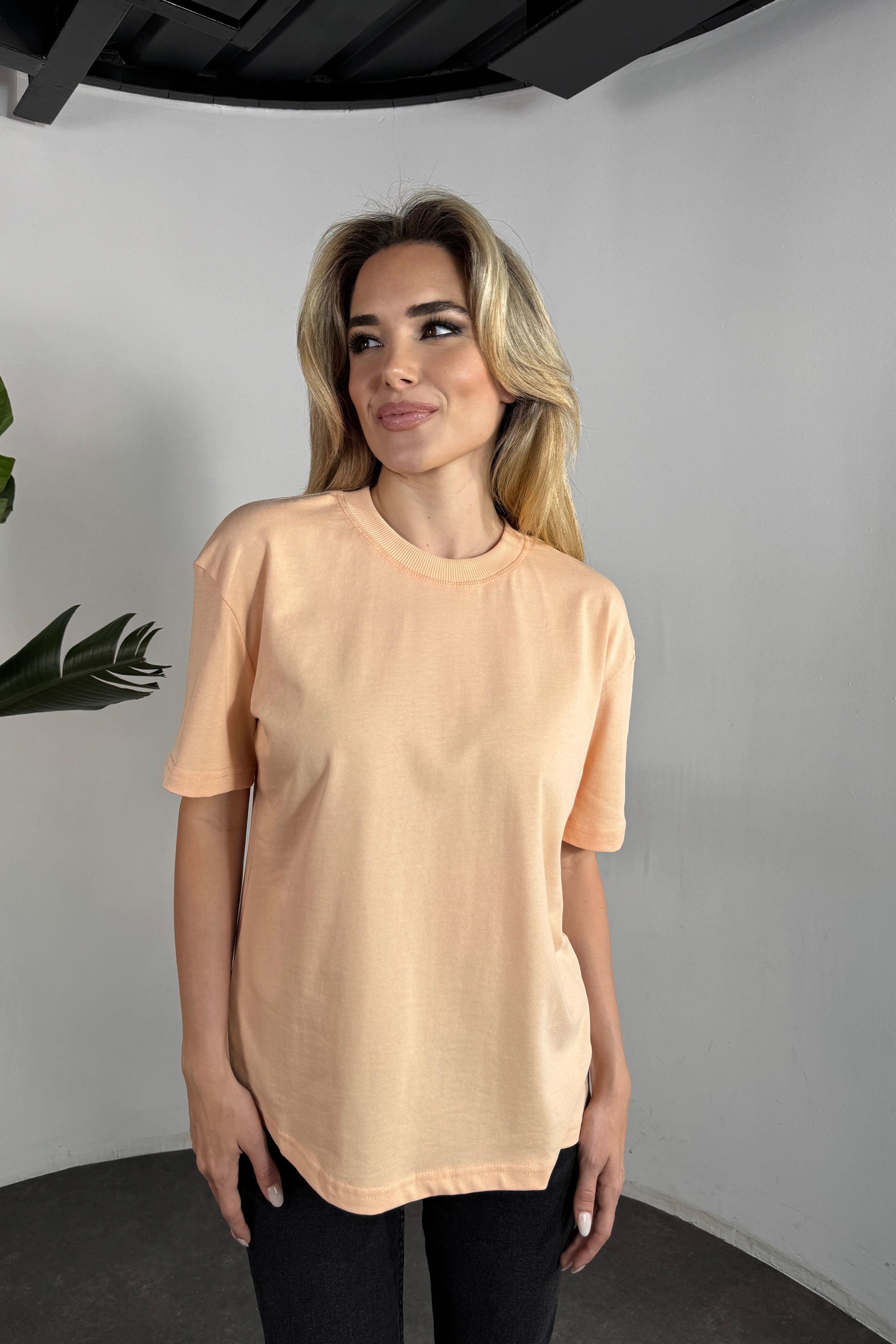 Premium Kalite Bisiklet Yaka Tok Doku Basic Tişört Yavruağzı