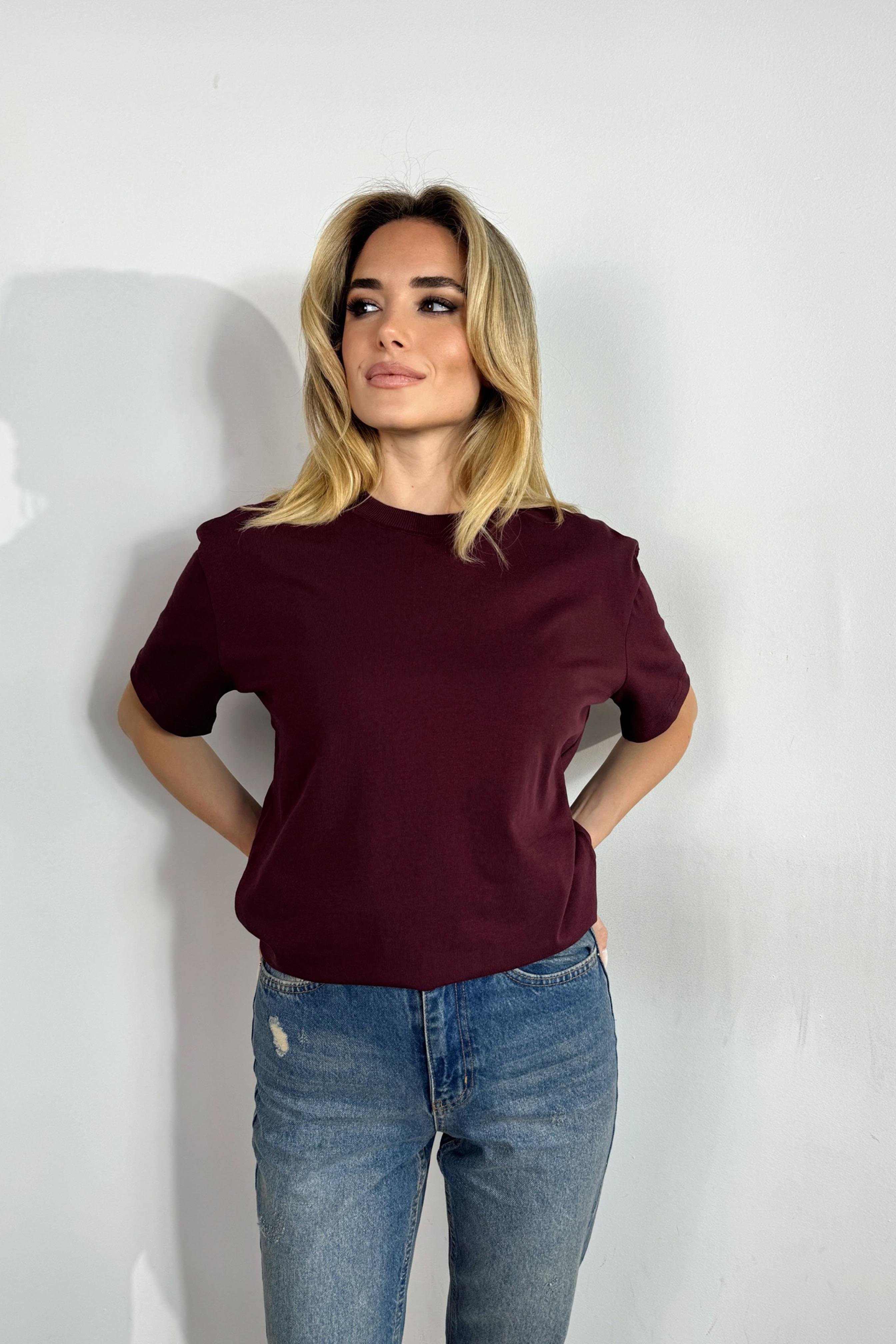 Premium Kalite Bisiklet Yaka Tok Doku Basic Tişört Mürdüm