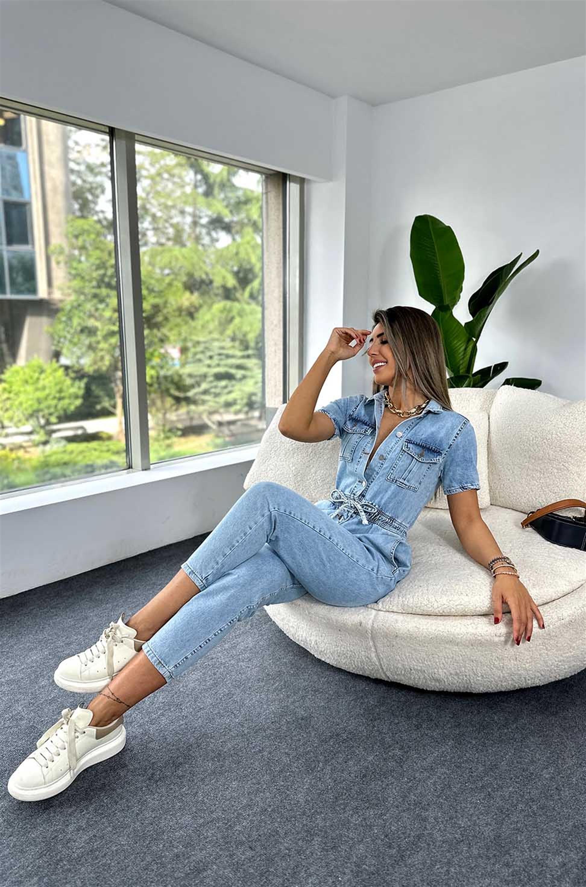 Premium Kalite Cep ve Belden İp Sıkma Detaylı Tulum Açık Mavi