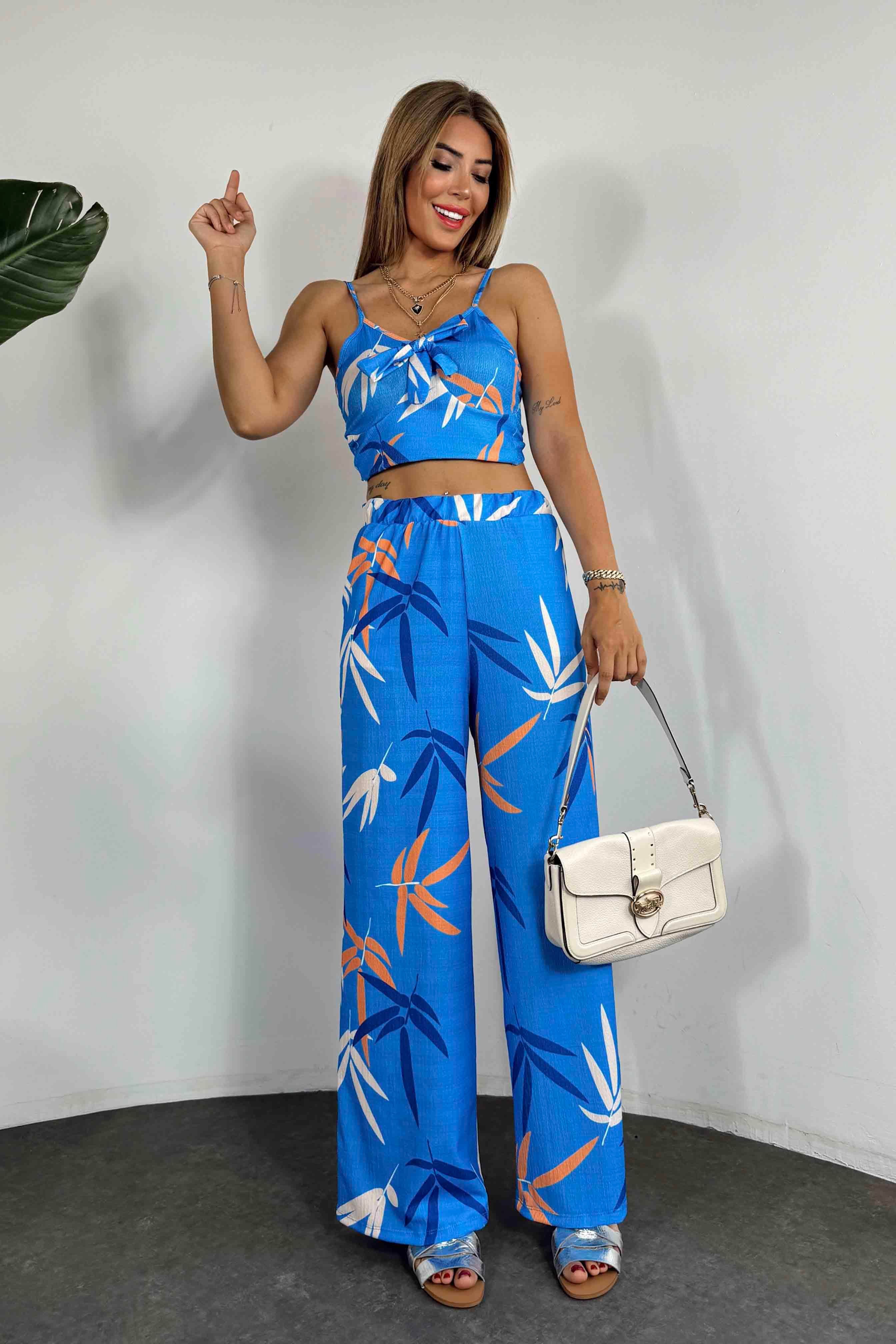 Premium Kalite Çiçek Desen Crop Pantolon Takım Mavi