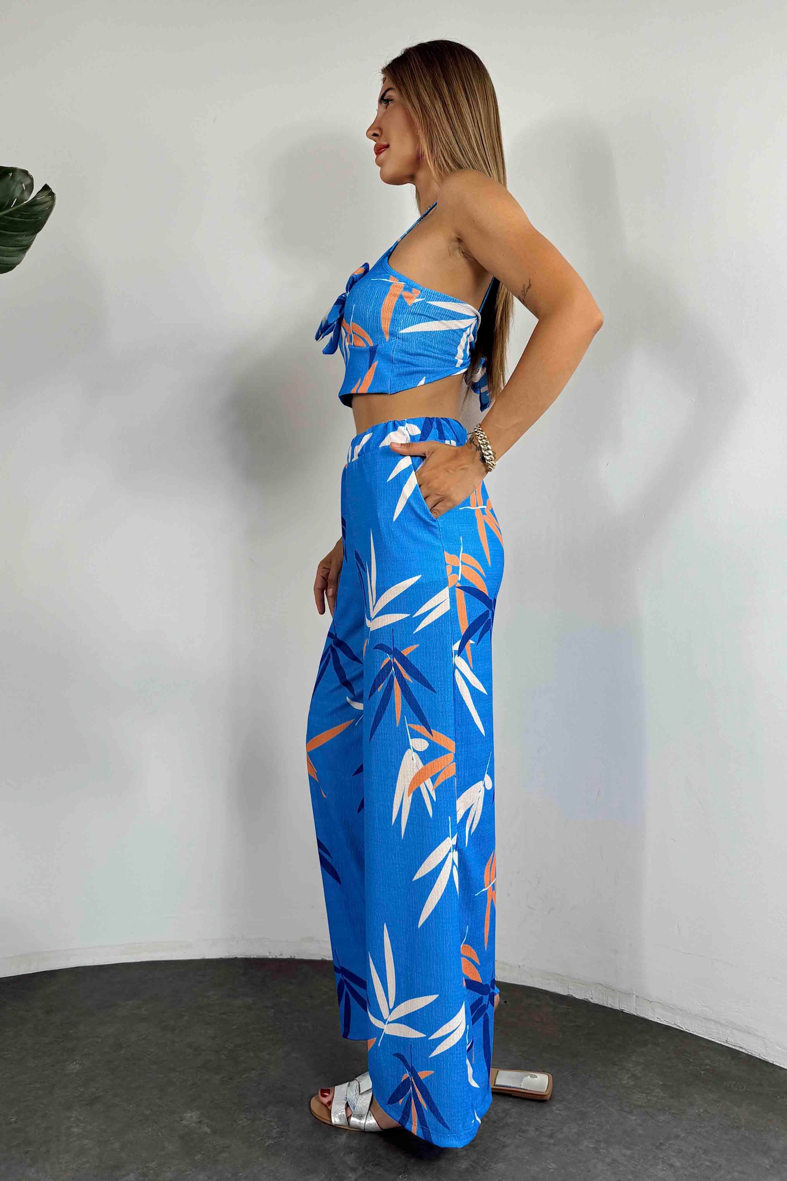 Premium Kalite Çiçek Desen Crop Pantolon Takım Mavi