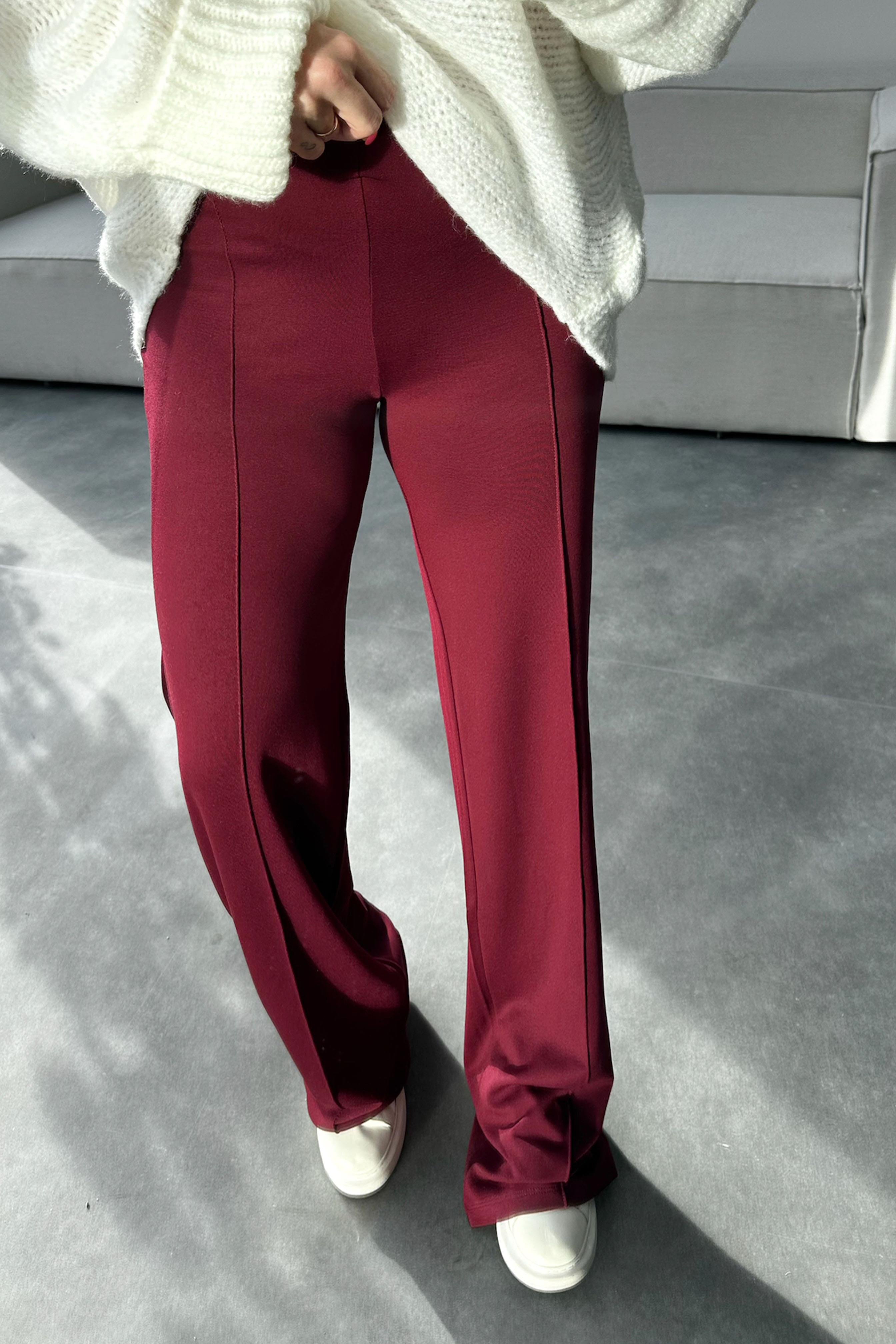 Premium Kalite Çımalı Palazzo Pantolon Bordo