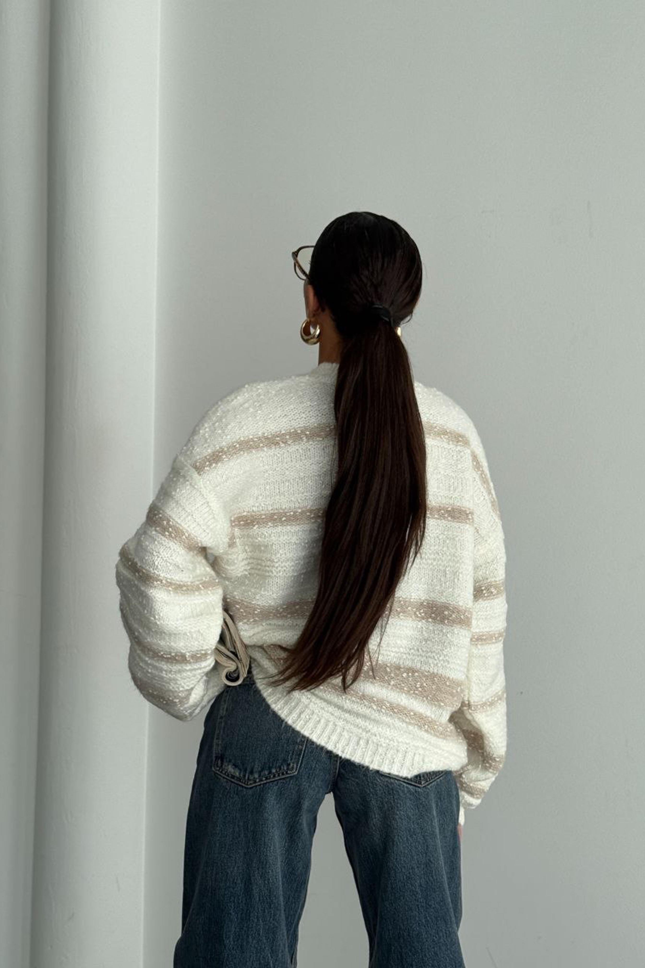 Premium Kalite Çizgili Oversize Triko Kazak Ekru