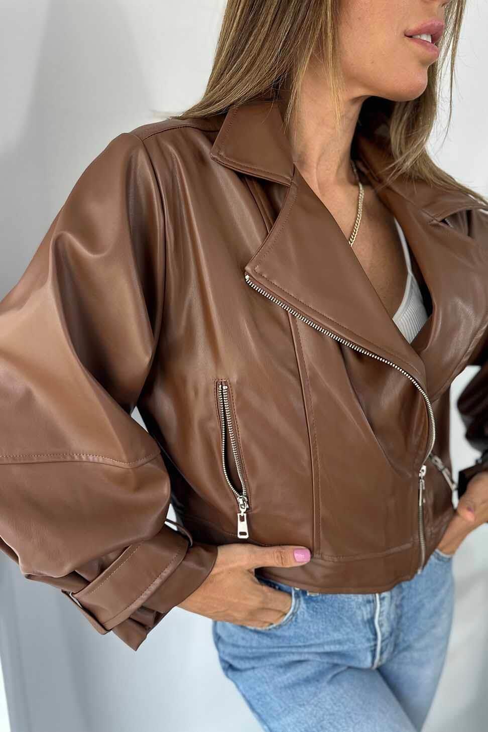 Premium Kalite Deri Balon Kol Kadın Biker Ceket Taba
