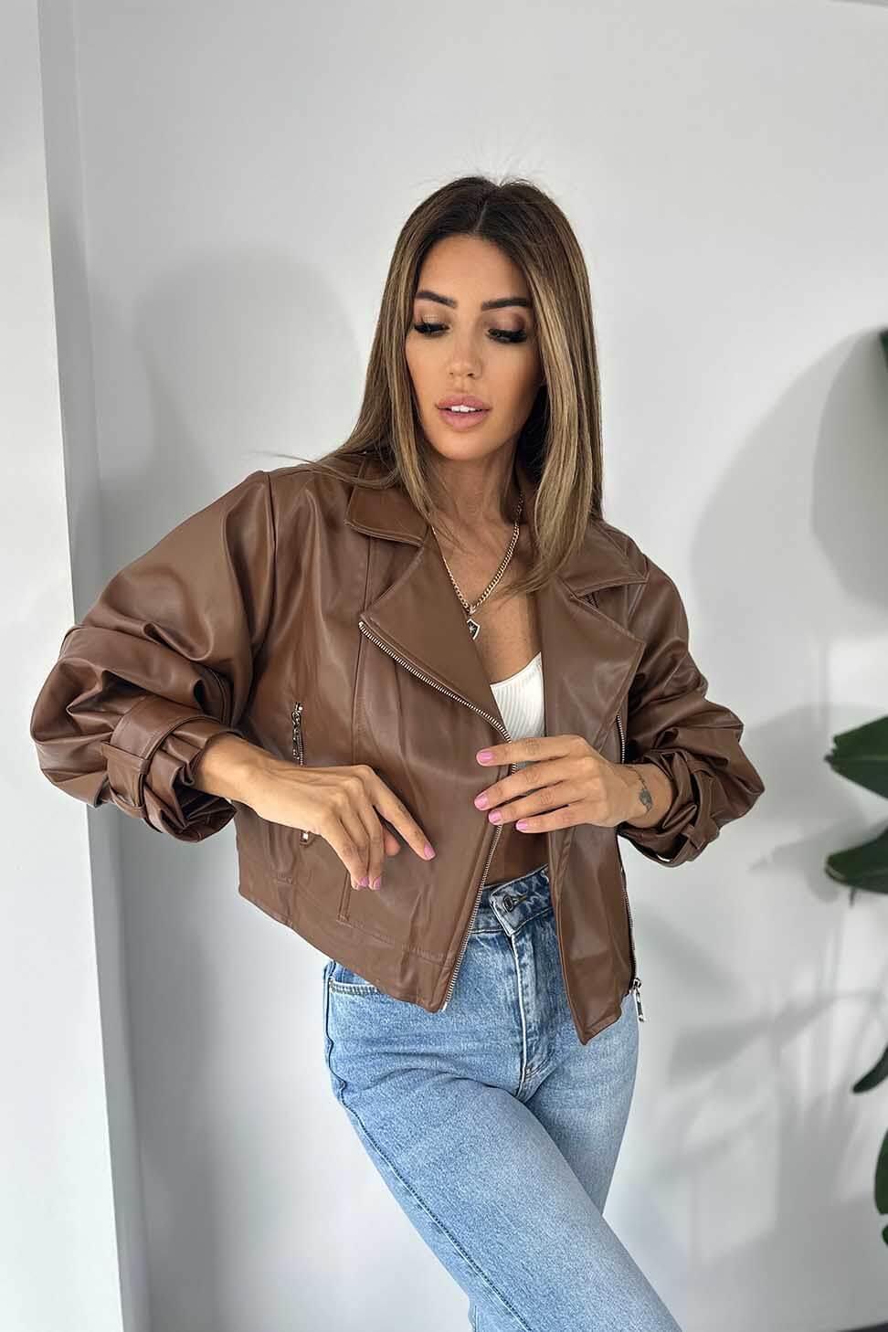 Premium Kalite Deri Balon Kol Kadın Biker Ceket Taba