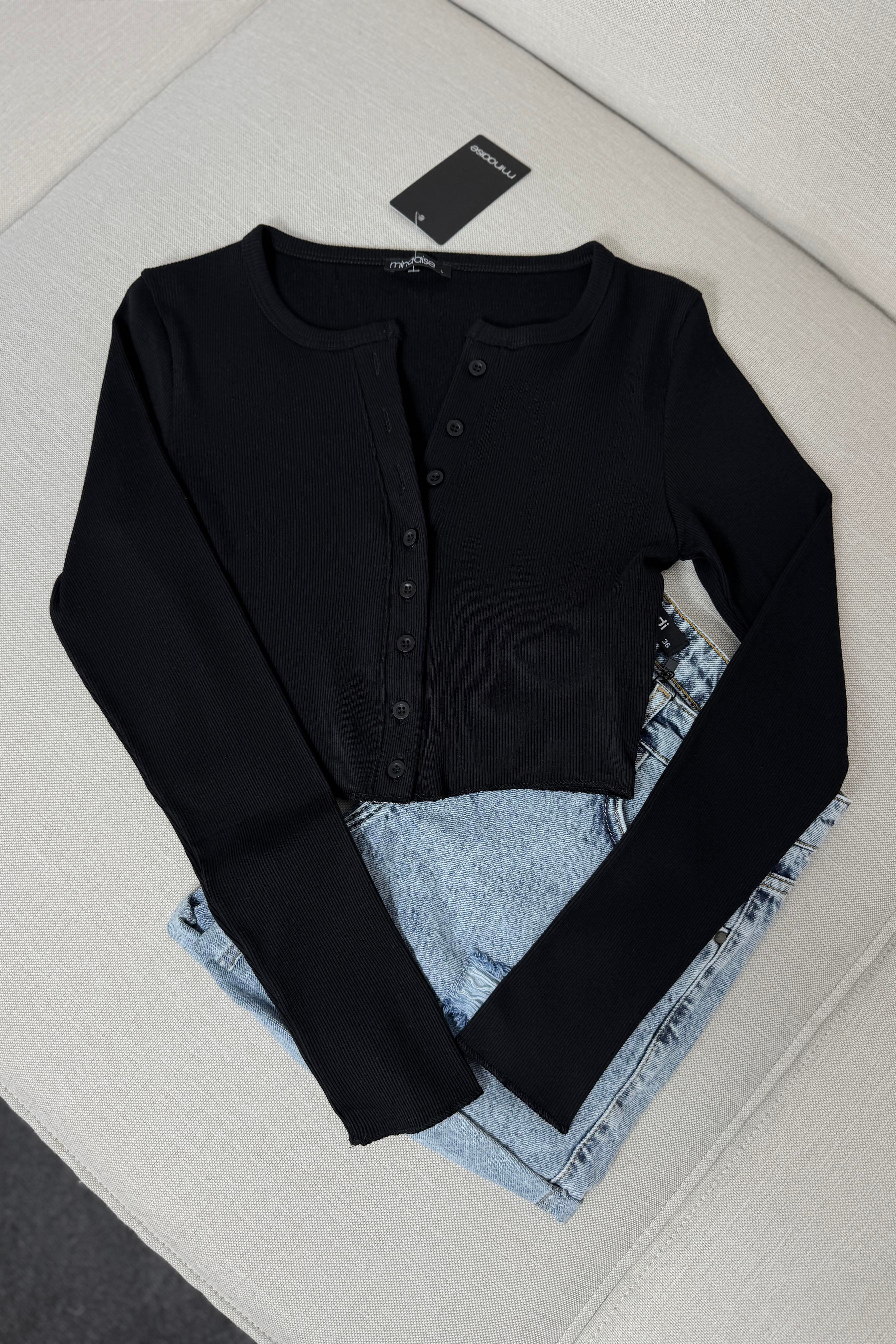 Premium Kalite Düğme Detaylı Fitilli Crop Bluz Siyah