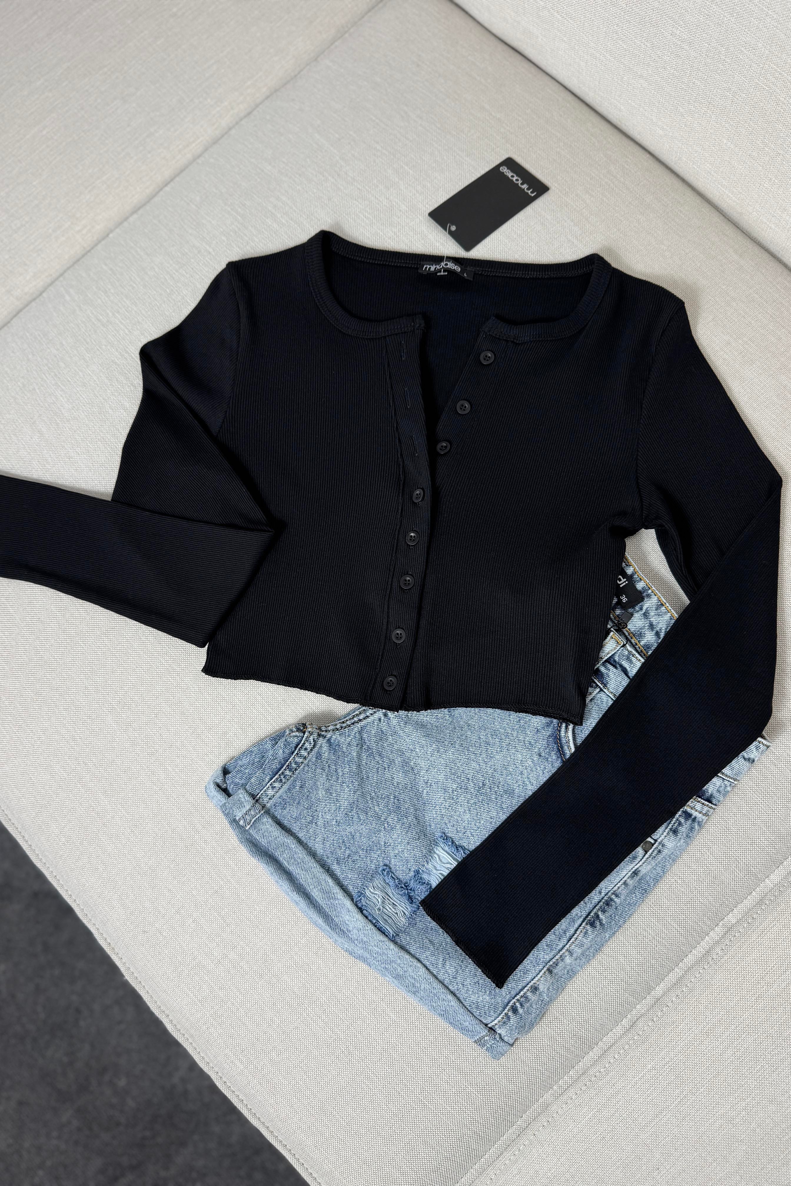 Premium Kalite Düğme Detaylı Fitilli Crop Bluz Siyah