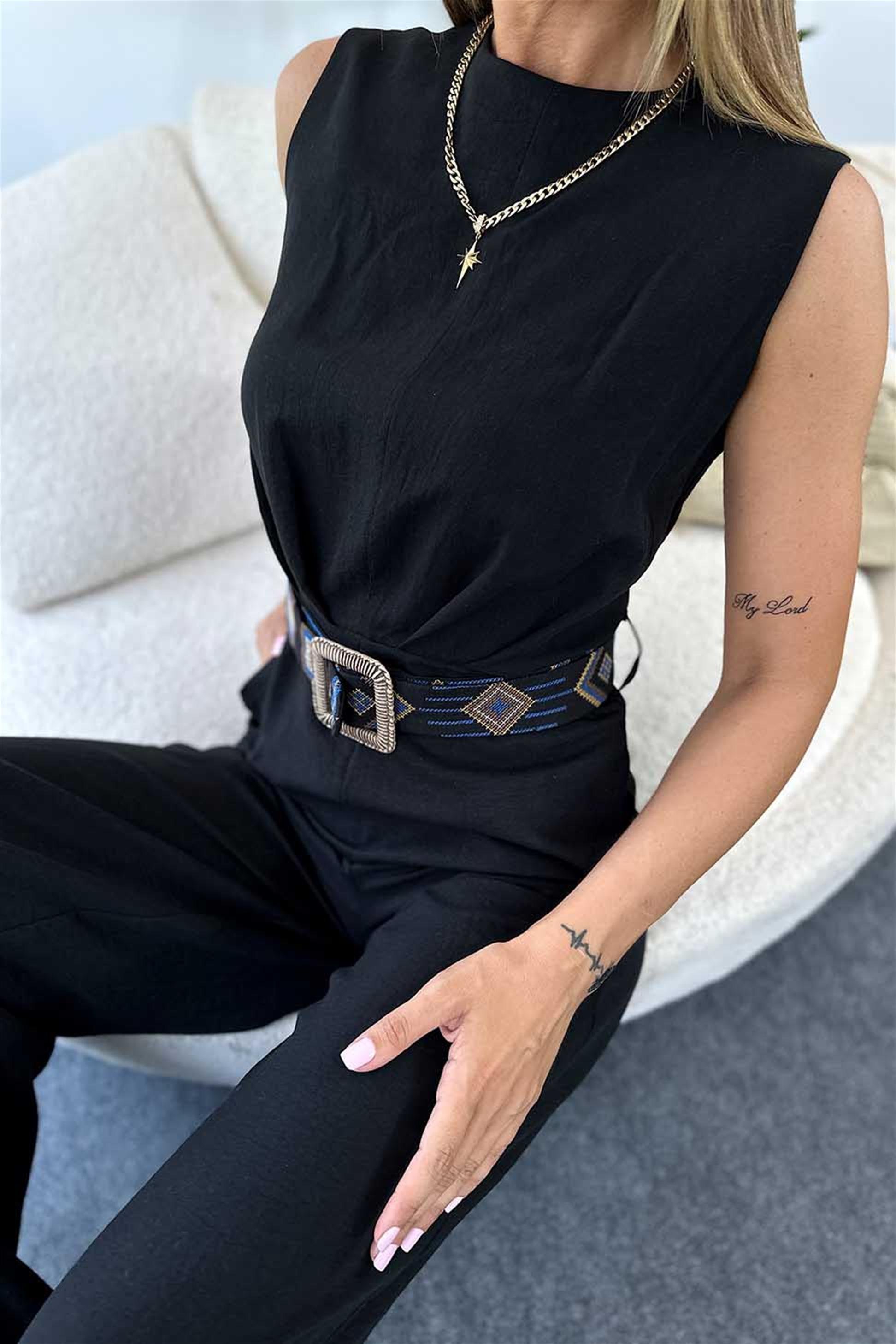 Premium Kalite Etnik Desen Tasarım Kemerli Kadın Tulum Siyah