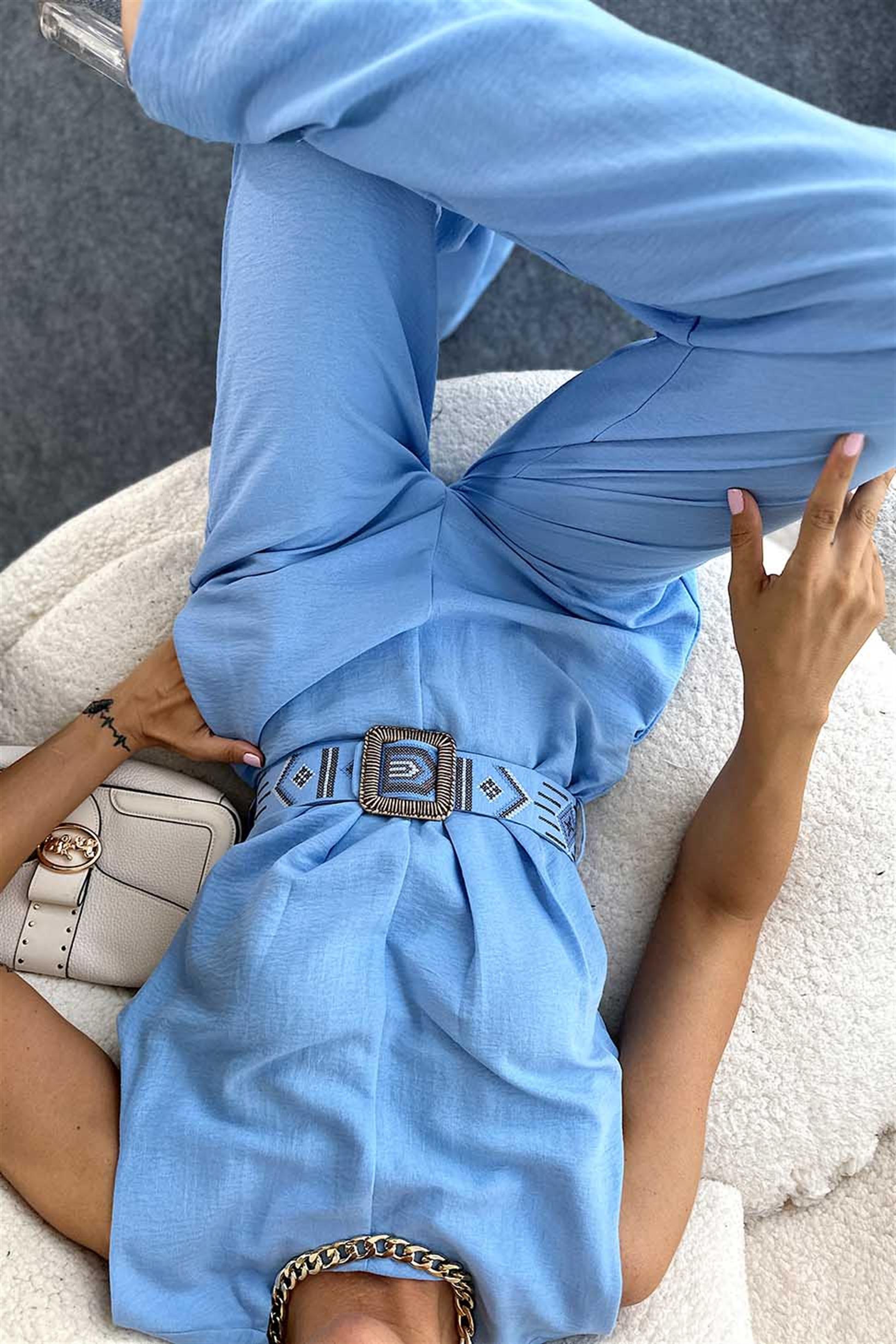 Premium Kalite Etnik Desen Tasarım Kemerli Kadın Tulum Bebe Mavisi