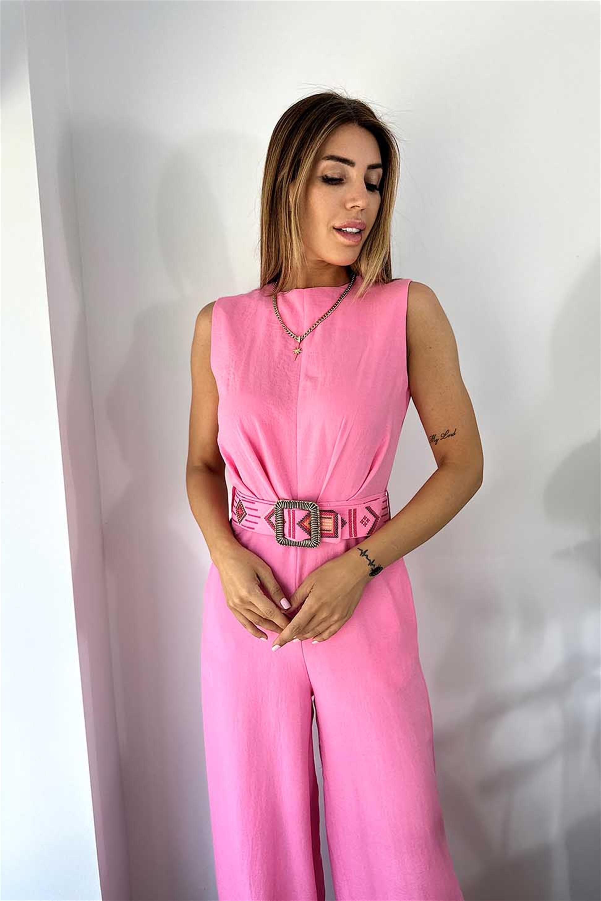 Premium Kalite Etnik Desen Tasarım Kemerli Kadın Tulum Pembe