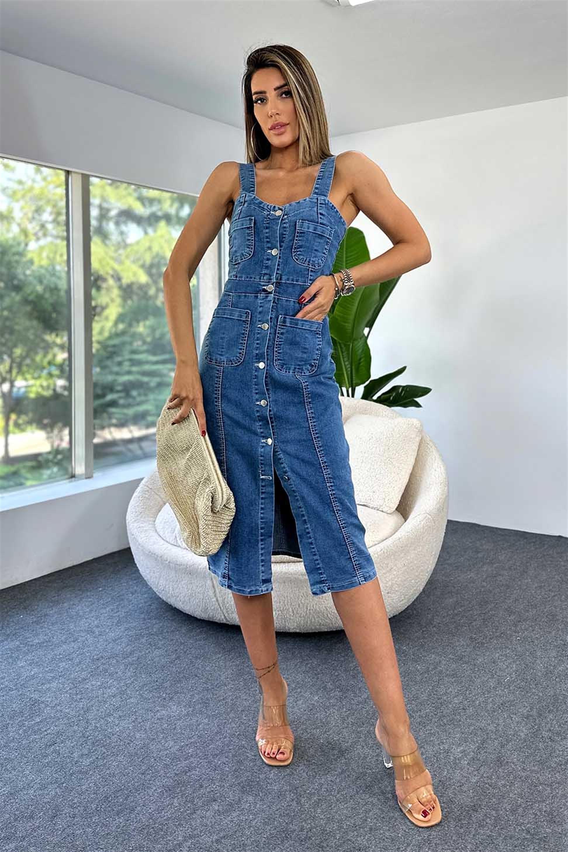 Premium Kalite Full Düğmeli Tasarım Askılı Denim Elbise Mavi