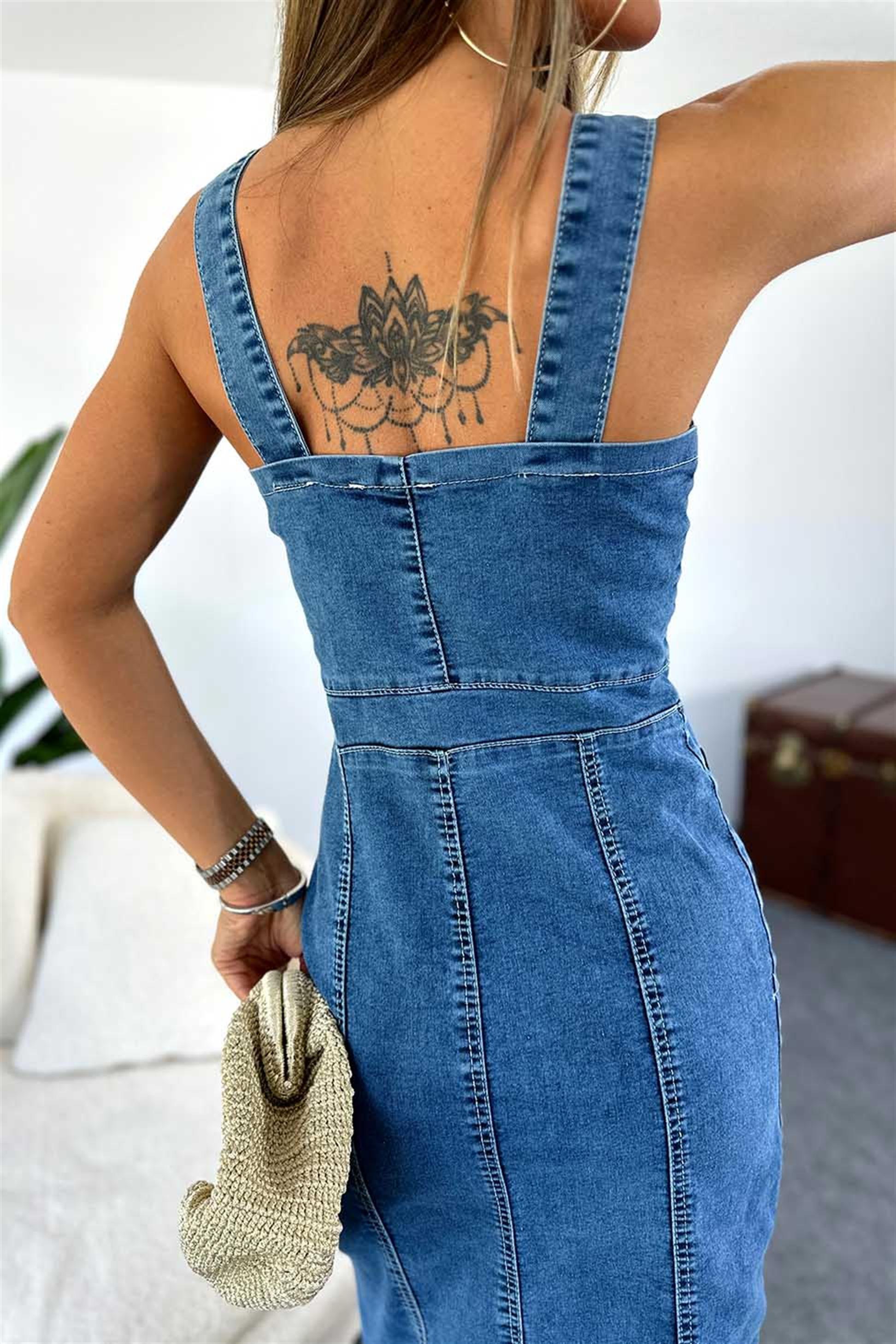 Premium Kalite Full Düğmeli Tasarım Askılı Denim Elbise Mavi