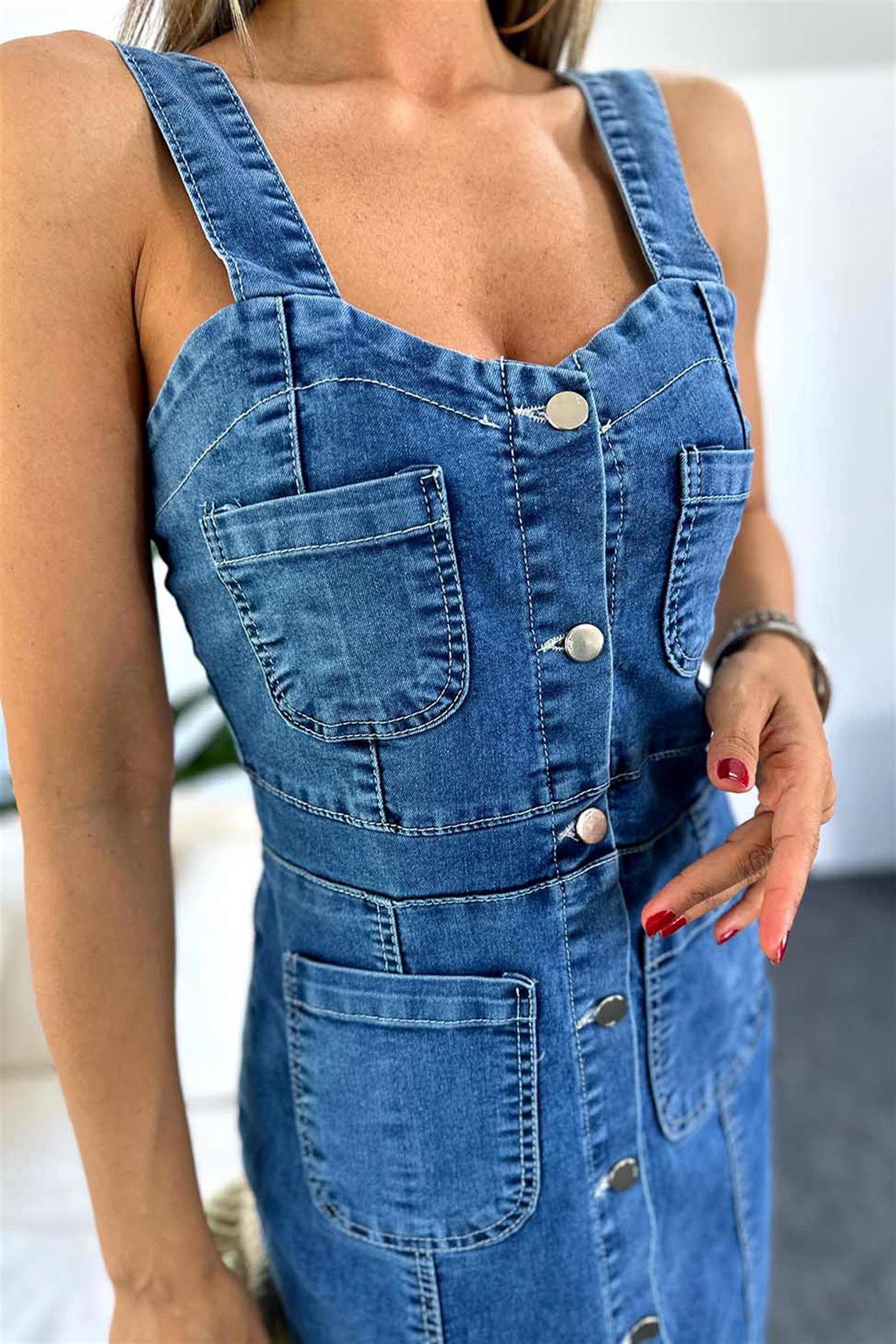 Premium Kalite Full Düğmeli Tasarım Askılı Denim Elbise Mavi