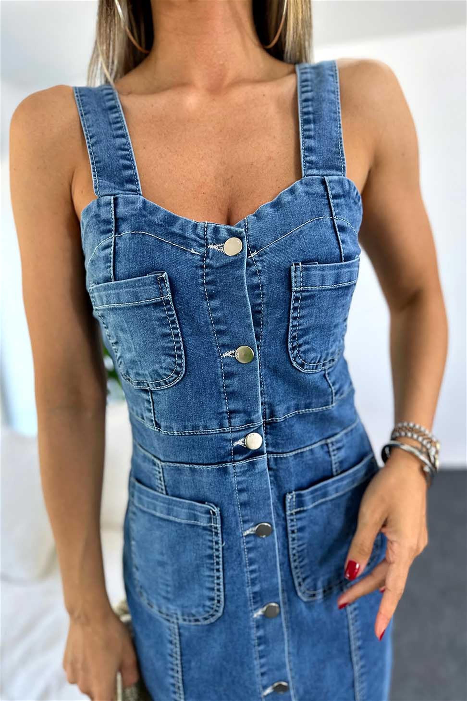 Premium Kalite Full Düğmeli Tasarım Askılı Denim Elbise Mavi