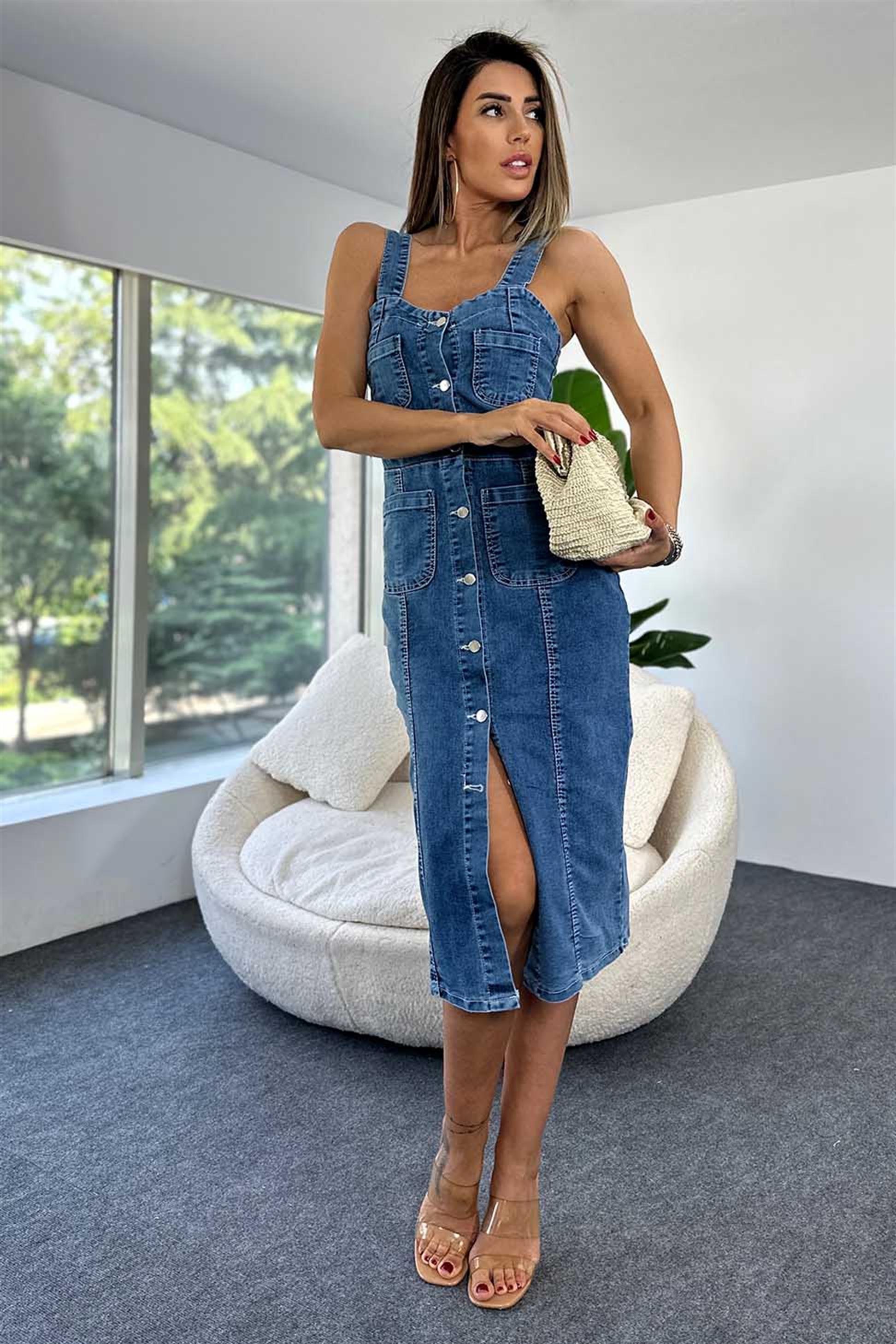 Premium Kalite Full Düğmeli Tasarım Askılı Denim Elbise Mavi