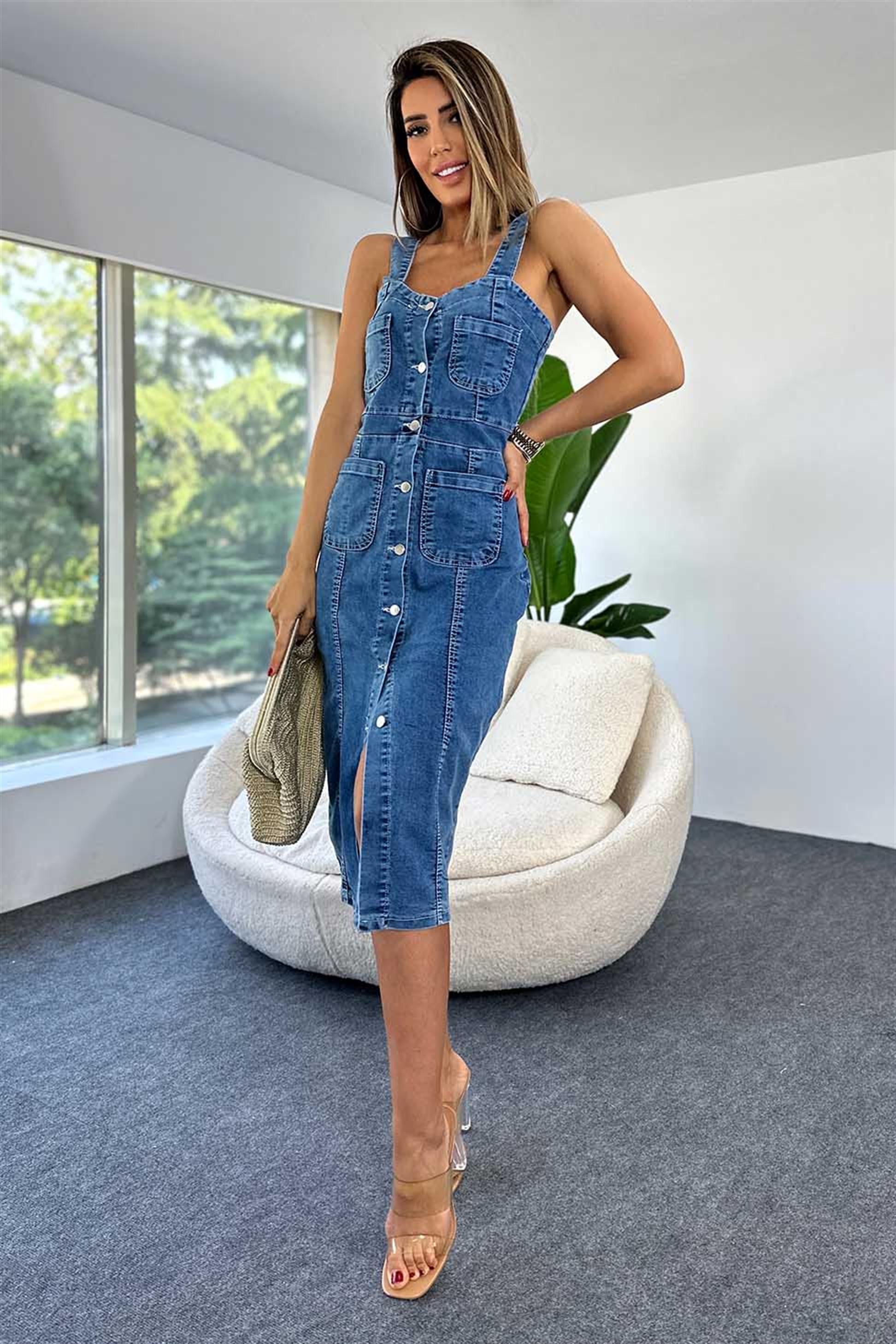Premium Kalite Full Düğmeli Tasarım Askılı Denim Elbise Mavi
