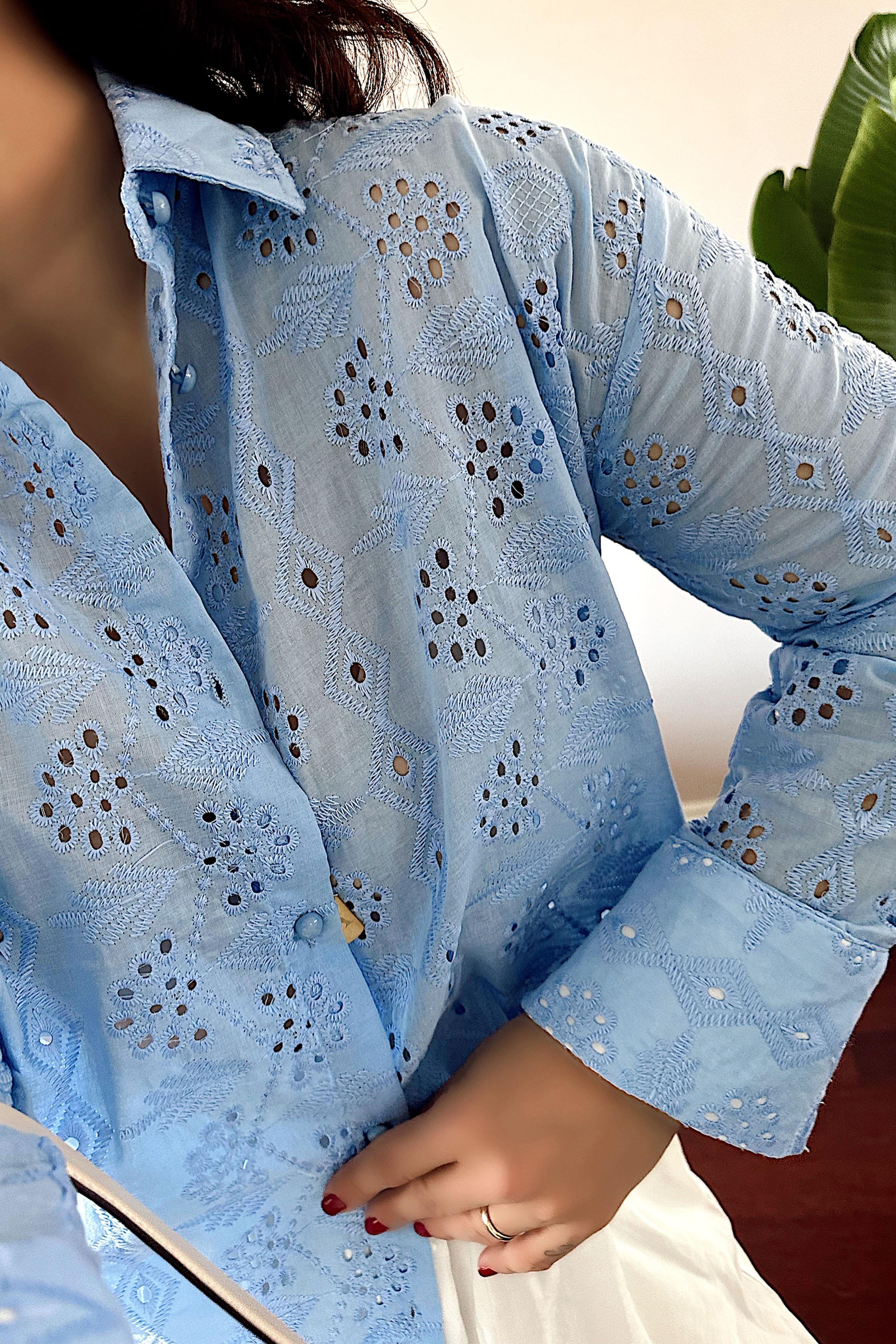 Premium Kalite Güpür Detaylı Gömlek Bebe Mavisi