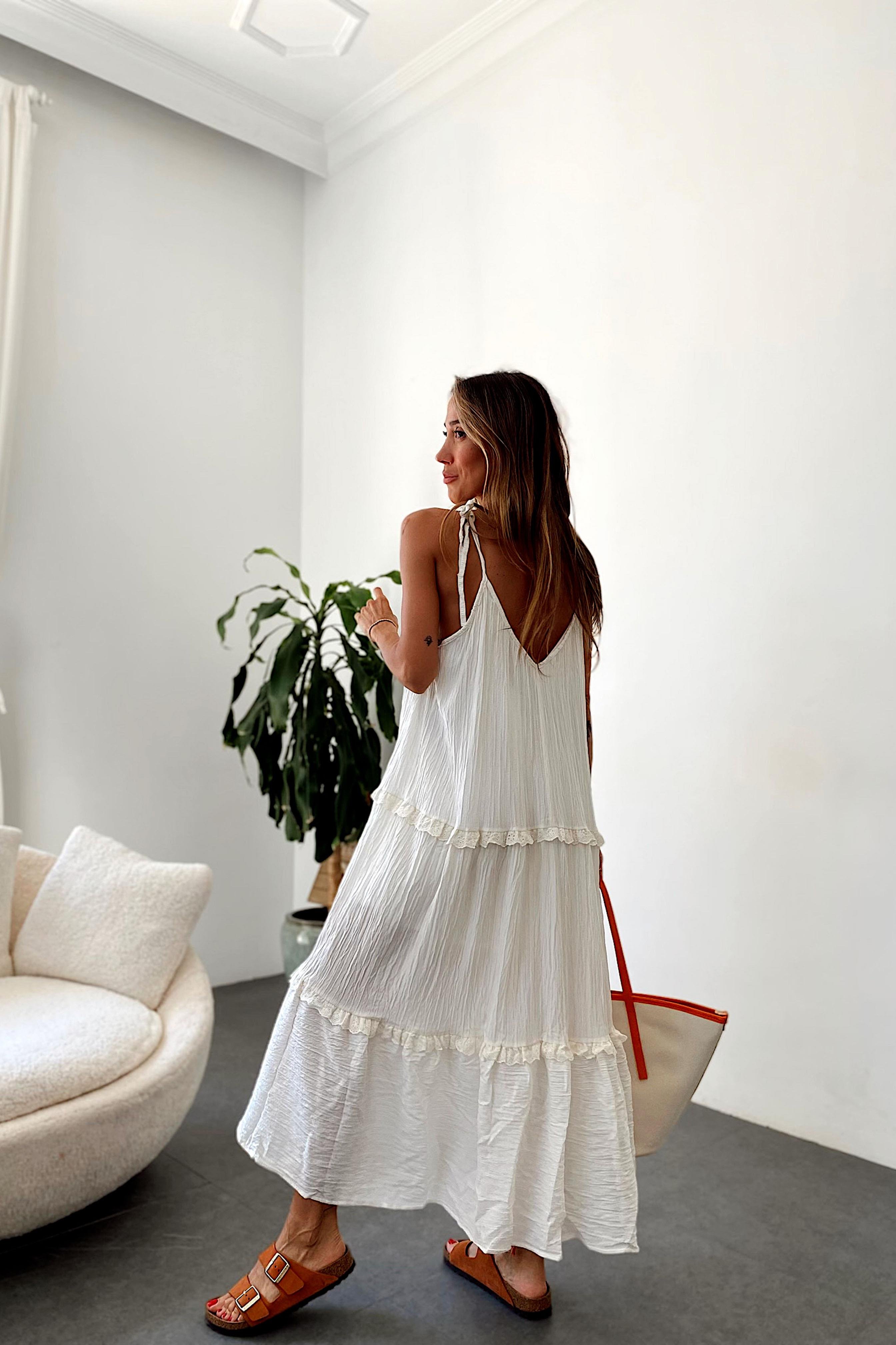 Premium Kalite İp Askılı Kat Kat Detay Astarlı Elbise Ekru