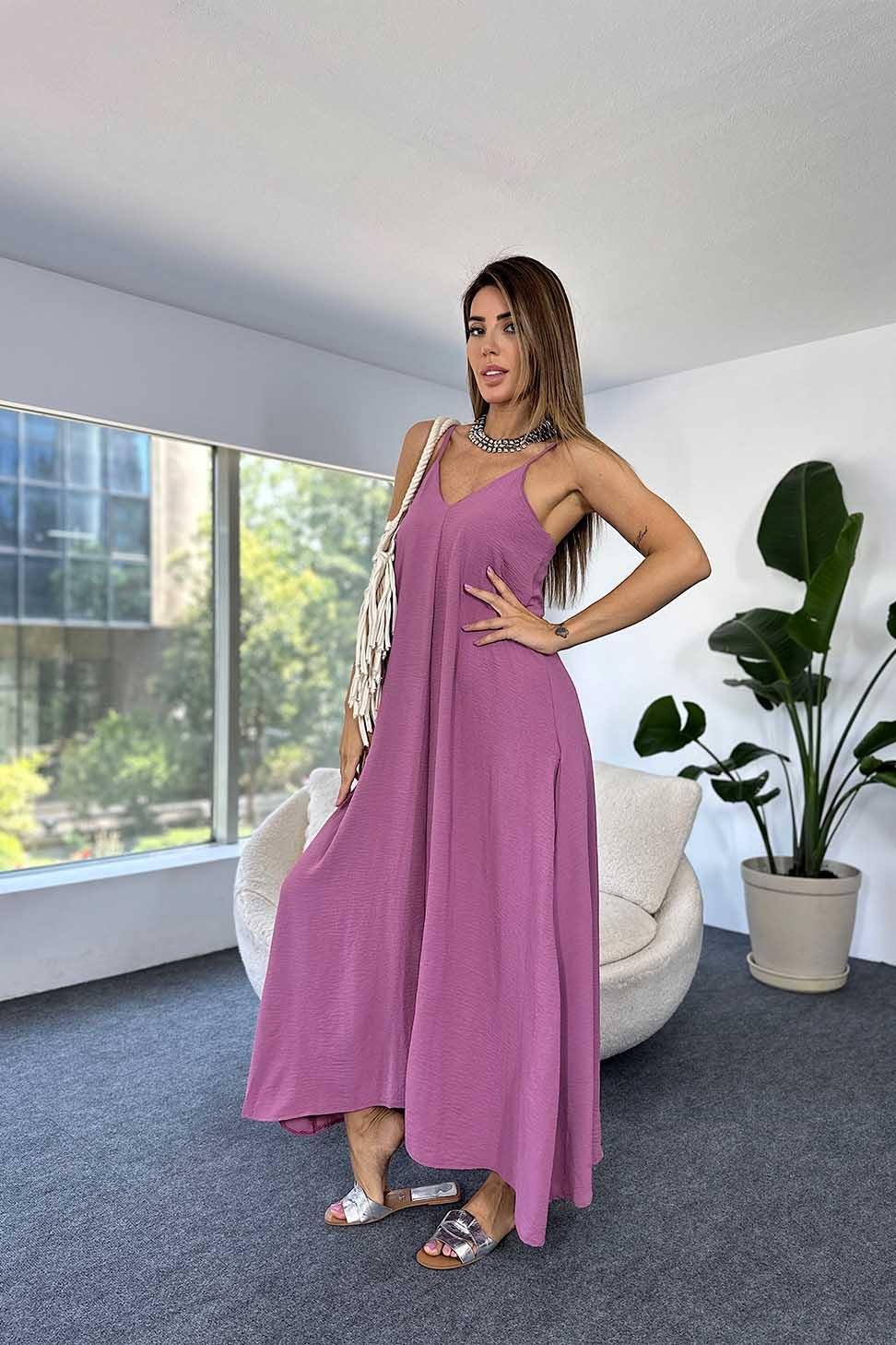 Premium Kalite İp Askılı Krep Kumaş Salaş Elbise Gül Kurusu