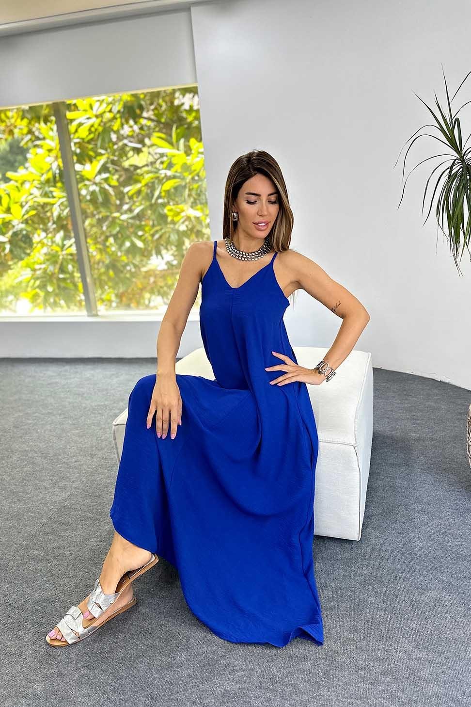 Premium Kalite İp Askılı Krep Kumaş Salaş Elbise SAKS MAVİ