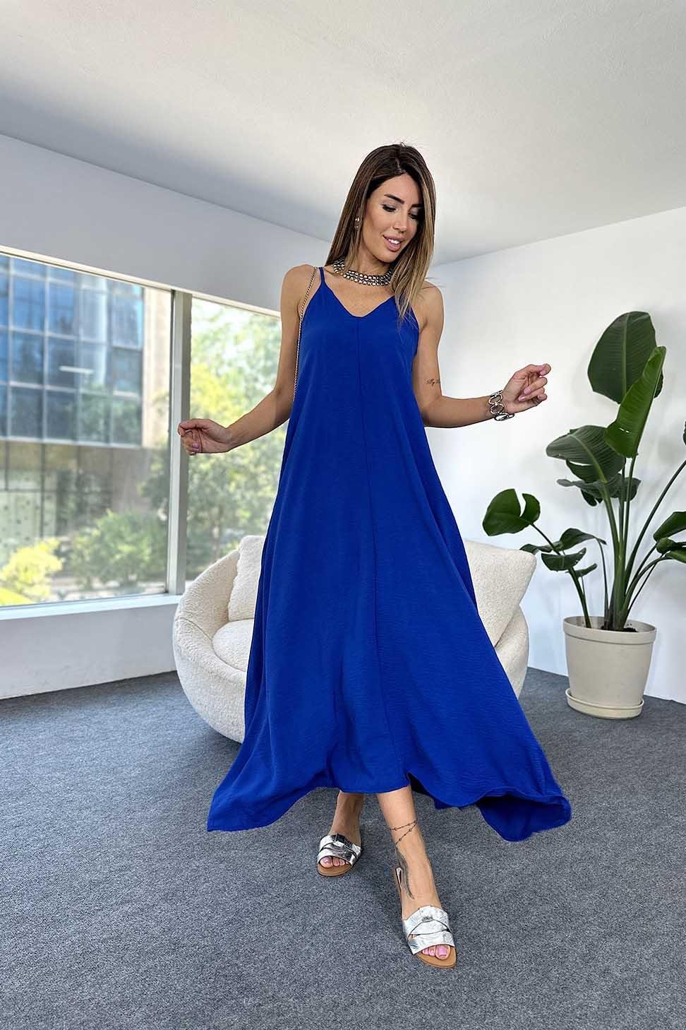 Premium Kalite İp Askılı Krep Kumaş Salaş Elbise SAKS MAVİ