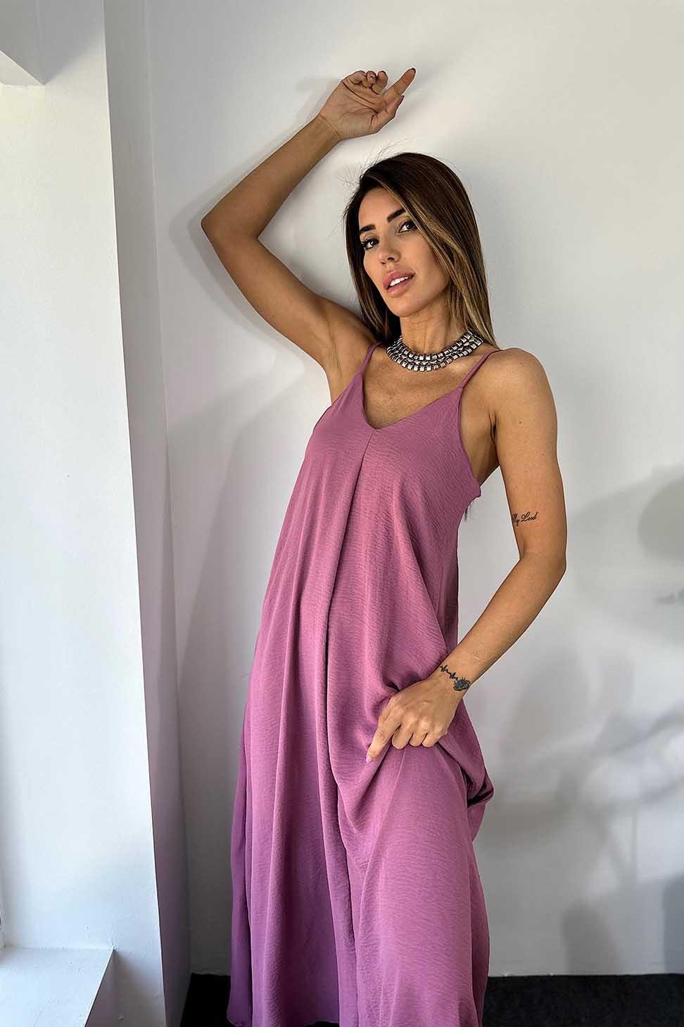 Premium Kalite İp Askılı Krep Kumaş Salaş Elbise Gül Kurusu