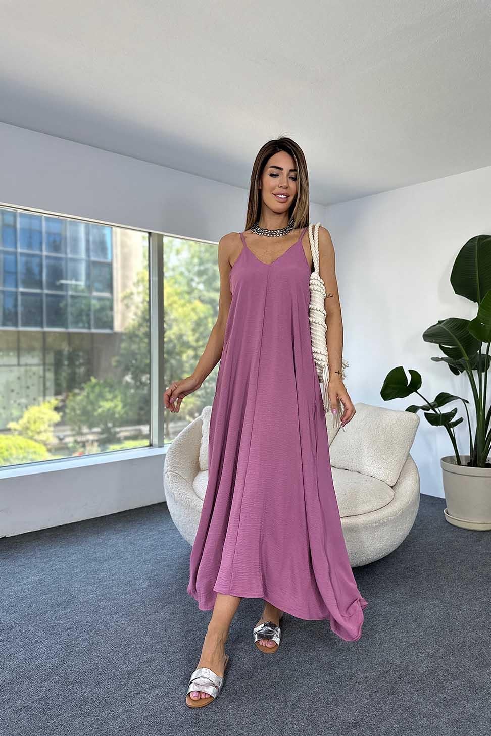 Premium Kalite İp Askılı Krep Kumaş Salaş Elbise Gül Kurusu