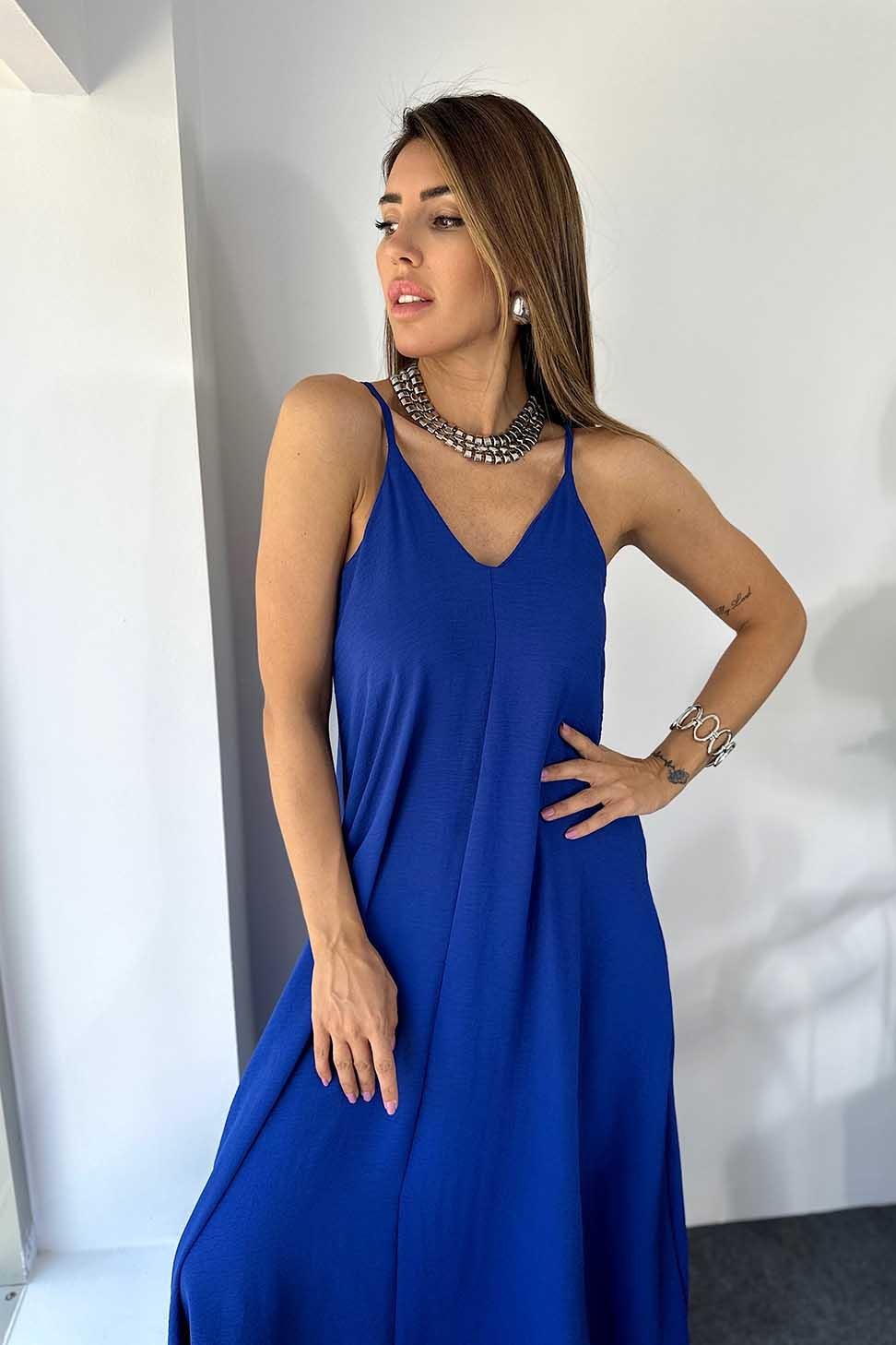 Premium Kalite İp Askılı Krep Kumaş Salaş Elbise SAKS MAVİ