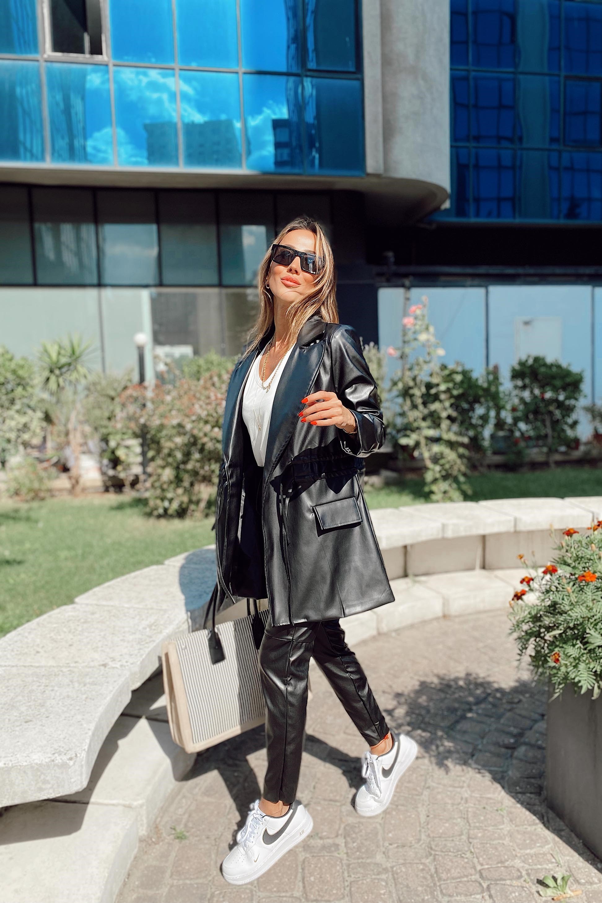 Premium Kalite İp Büzgülü Deri Blazer Ceket Siyah
