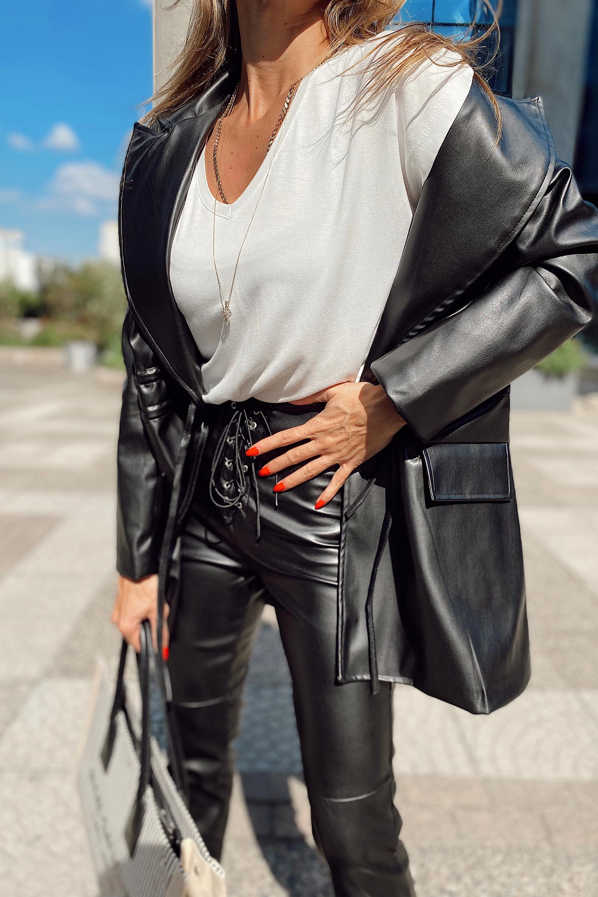 Premium Kalite İp Büzgülü Deri Blazer Ceket Siyah