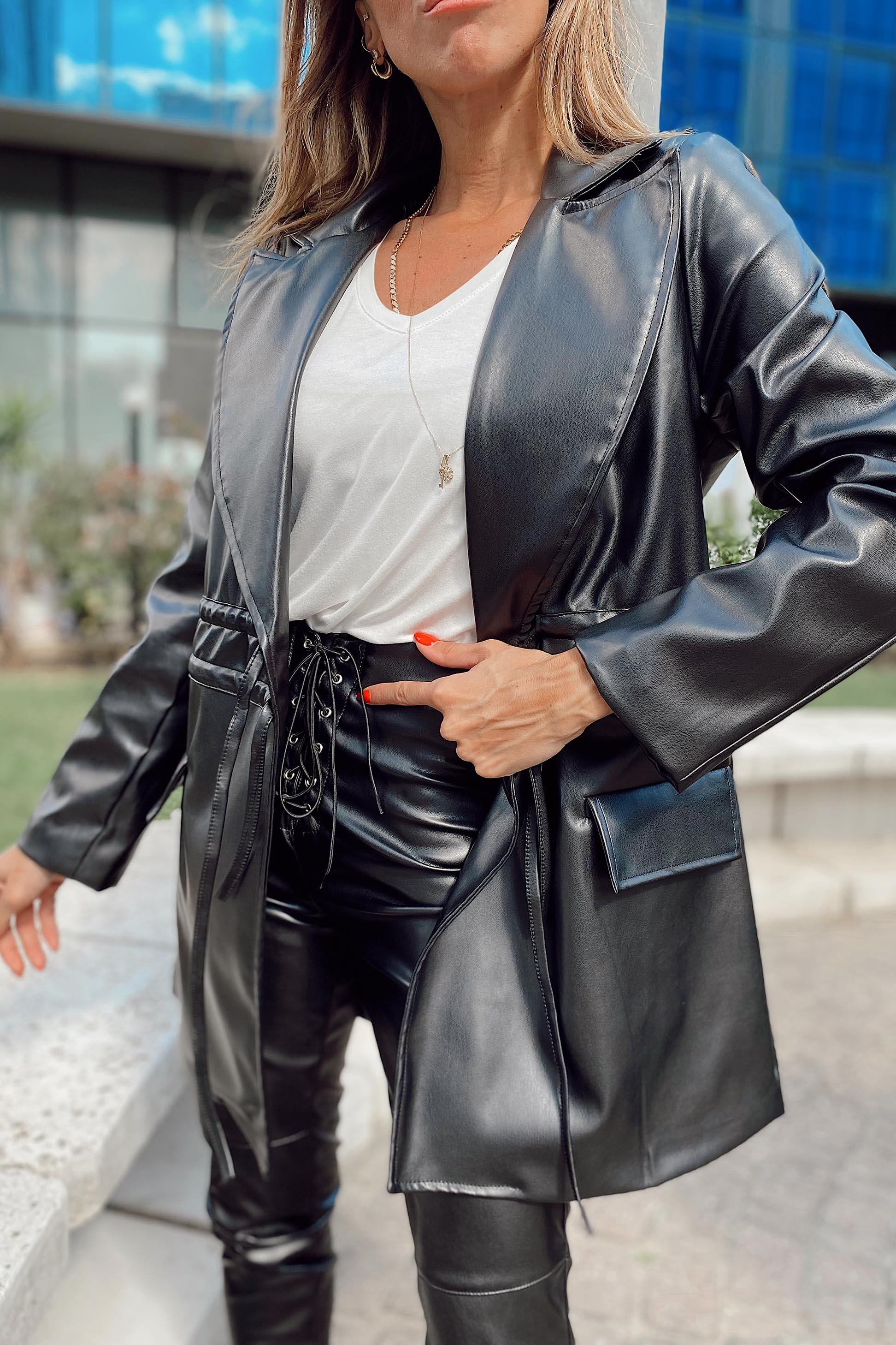 Premium Kalite İp Büzgülü Deri Blazer Ceket Siyah