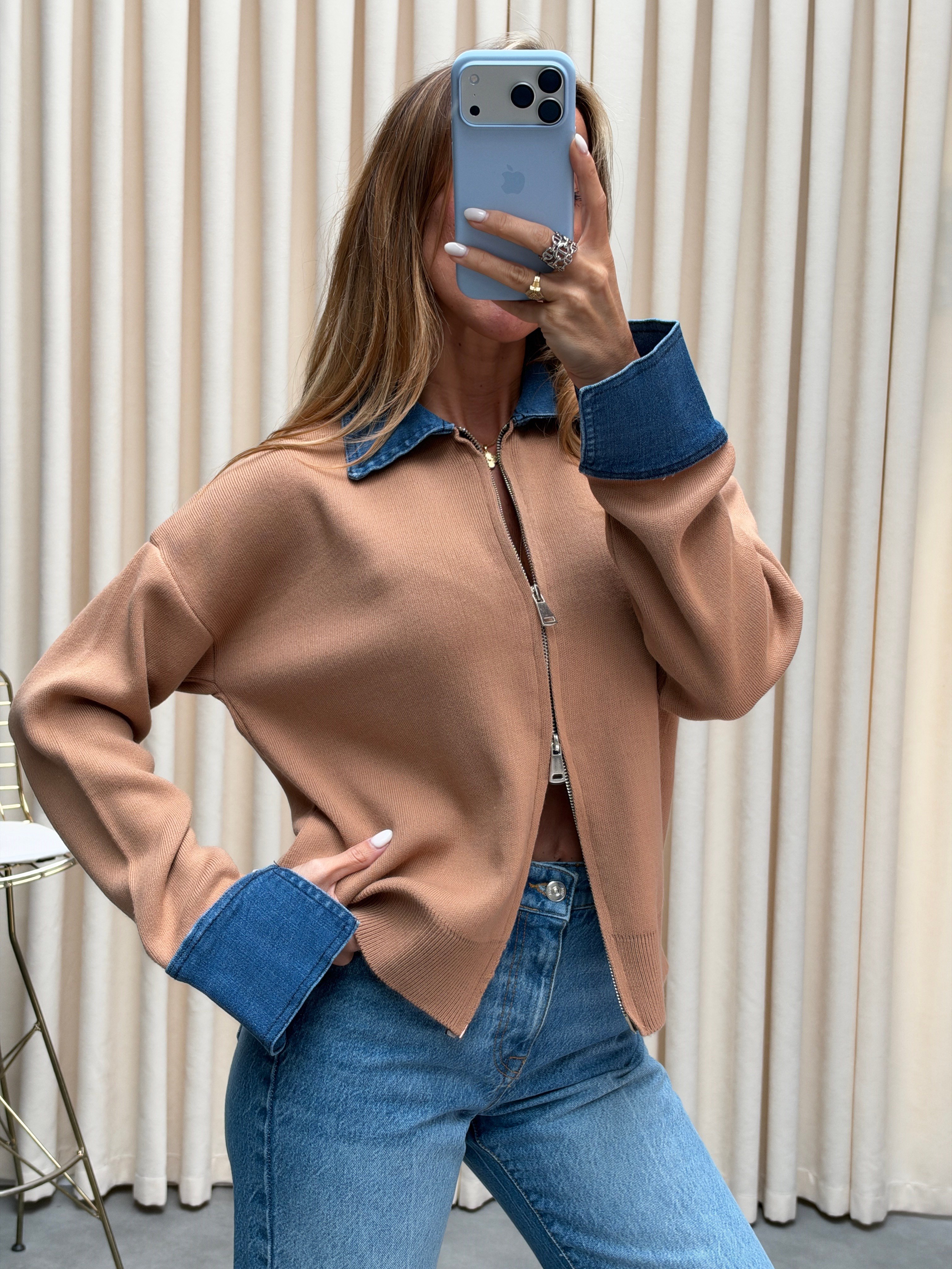 Premium Kalite Jean Detaylı Tasarım Hırka Camel