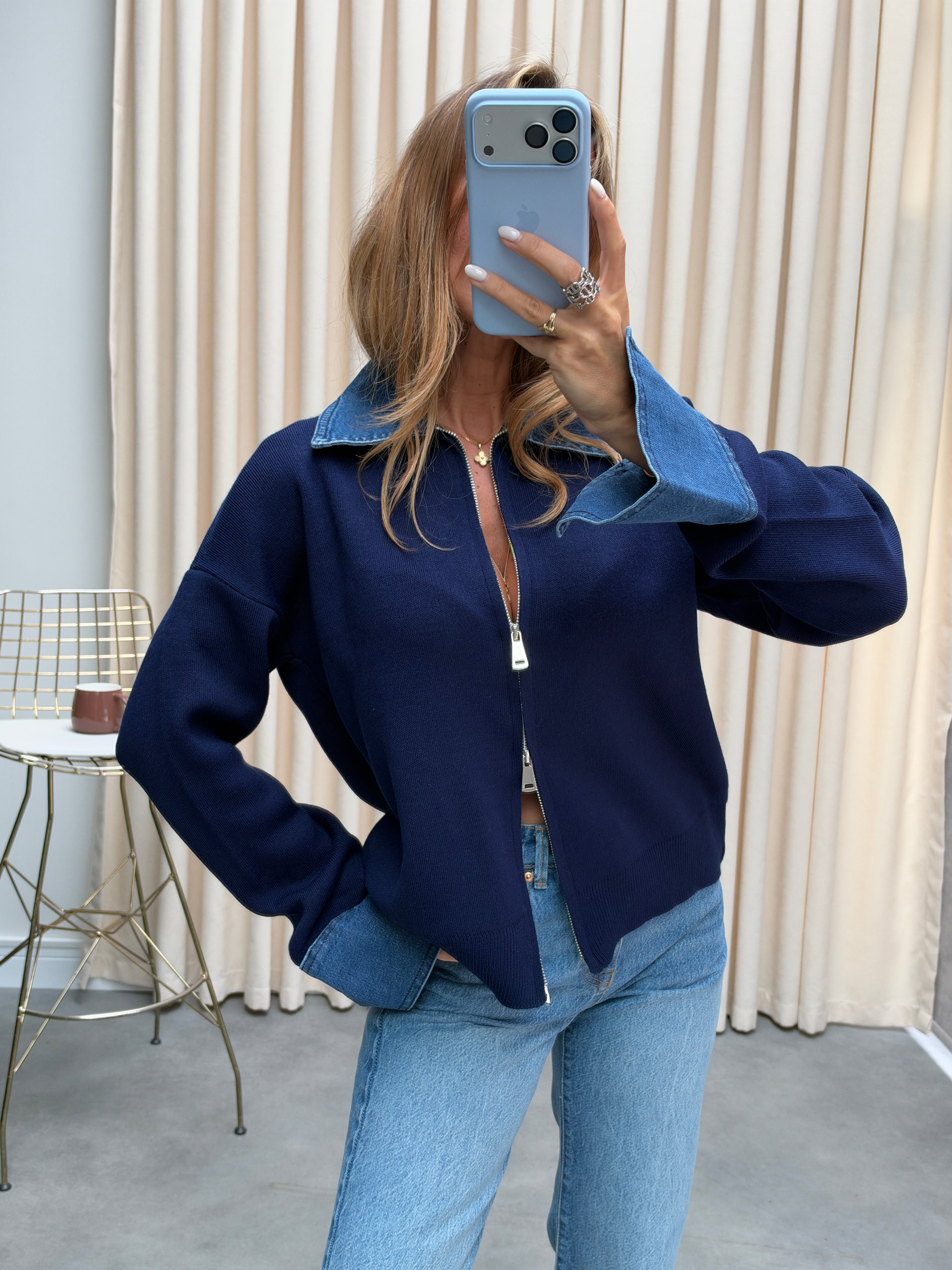 Premium Kalite Jean Detaylı Tasarım Hırka Lacivert