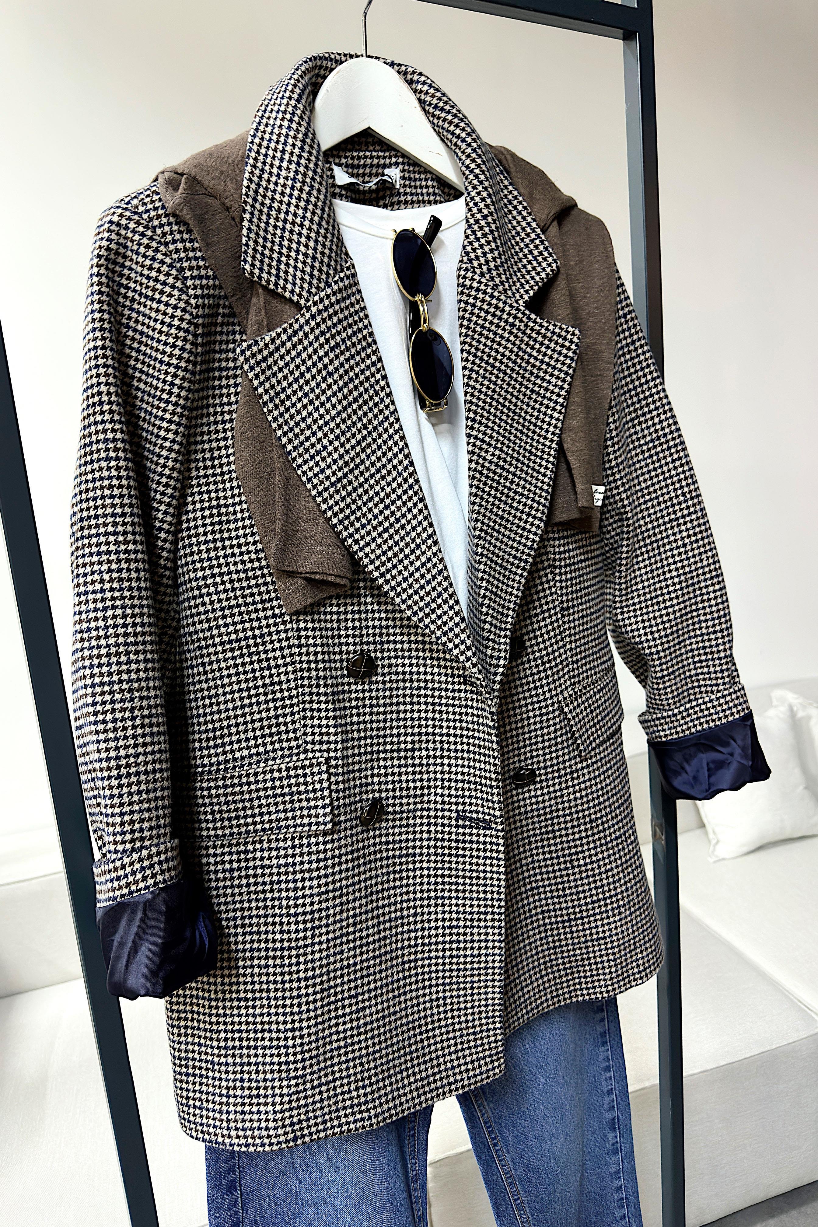 Premium Kalite Kazayağı Desenli Blazer Ceket Lacivert