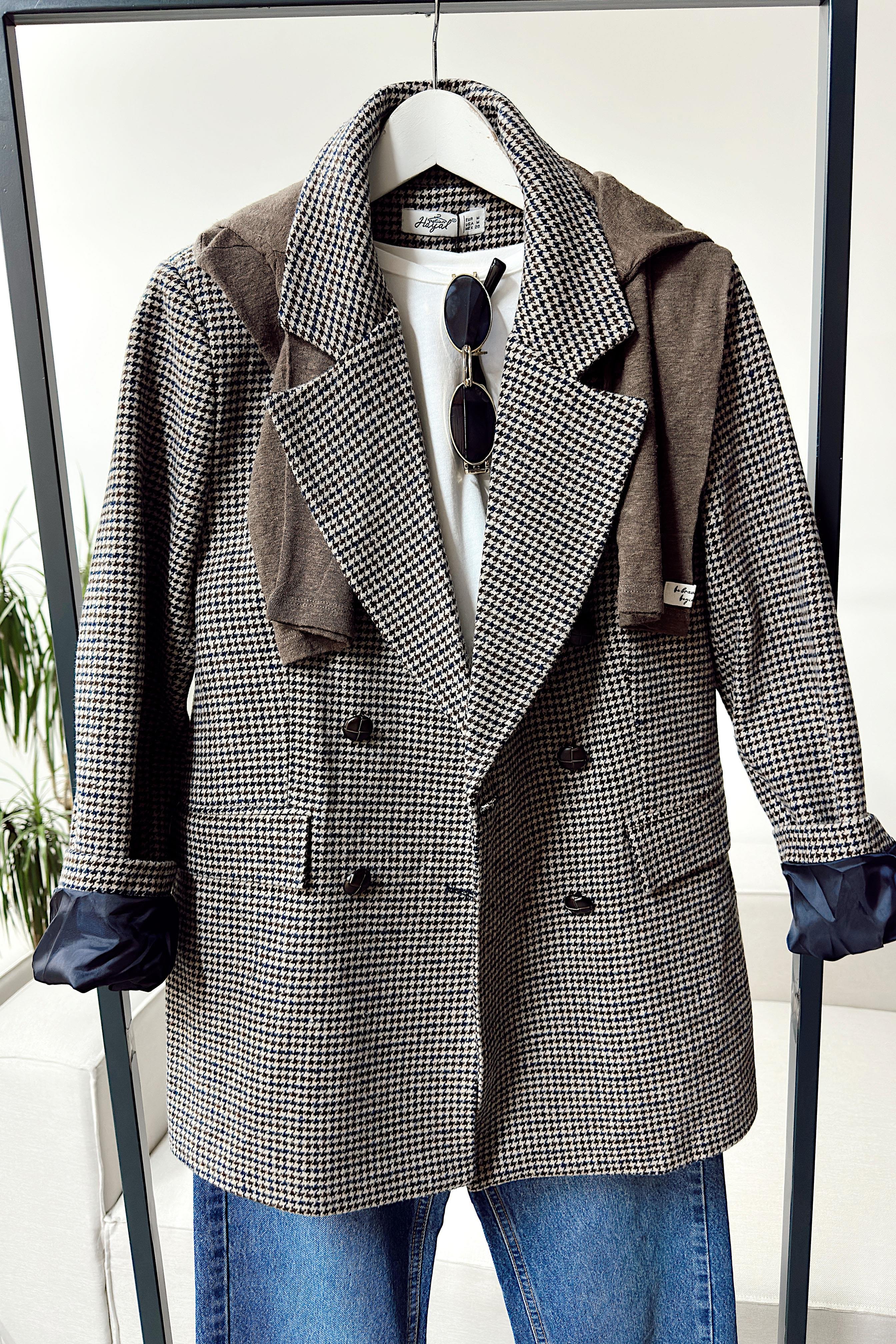 Premium Kalite Kazayağı Desenli Blazer Ceket Lacivert