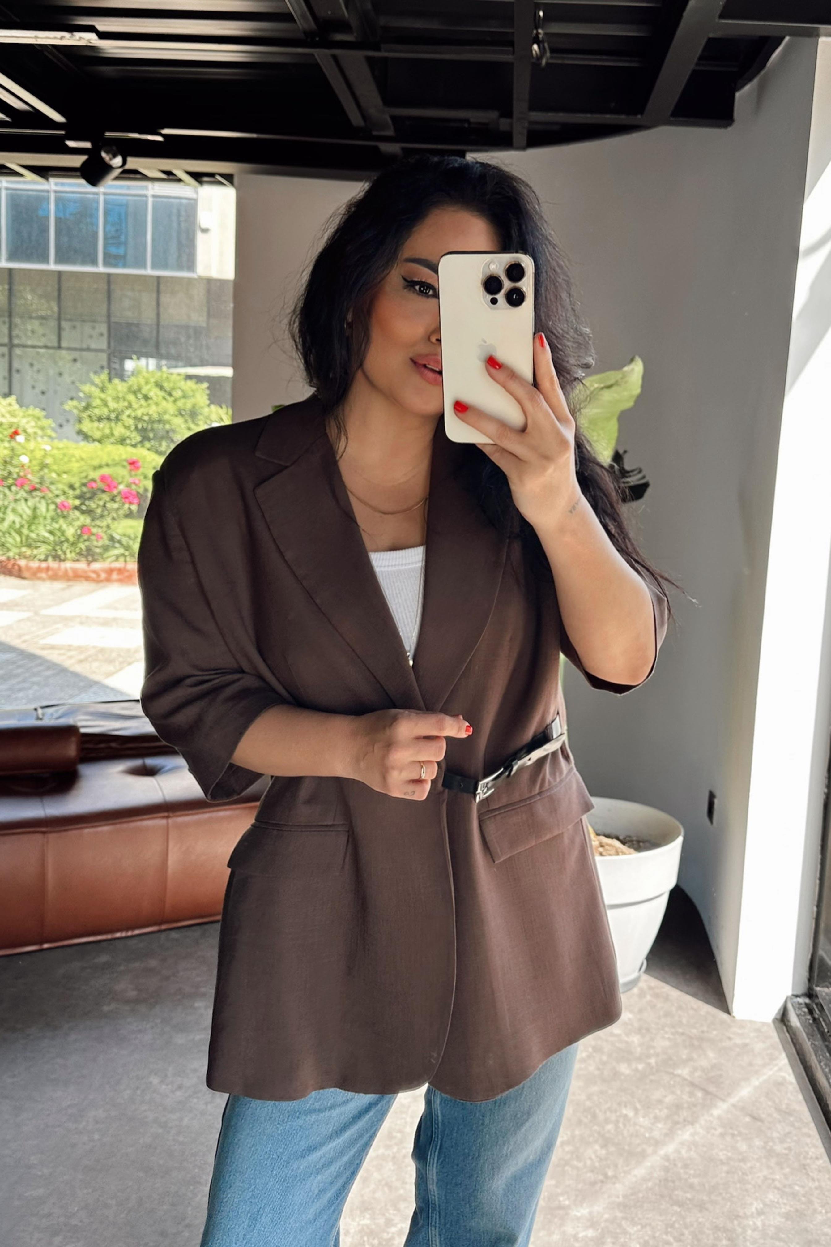 Premium Kalite Kemerli Tasarım Blazer Ceket Acı Kahve