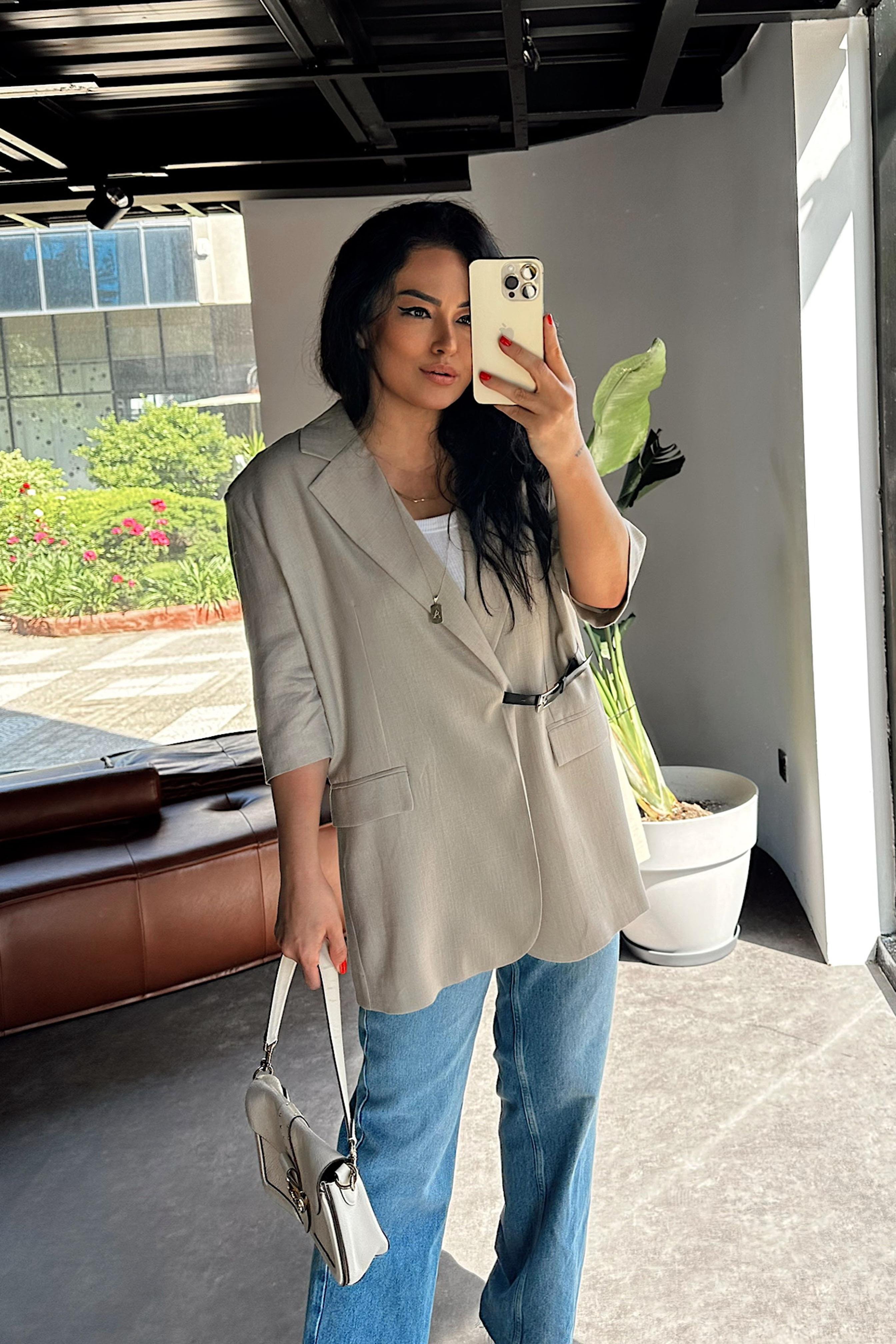 Premium Kalite Kemerli Tasarım Blazer Ceket Taş