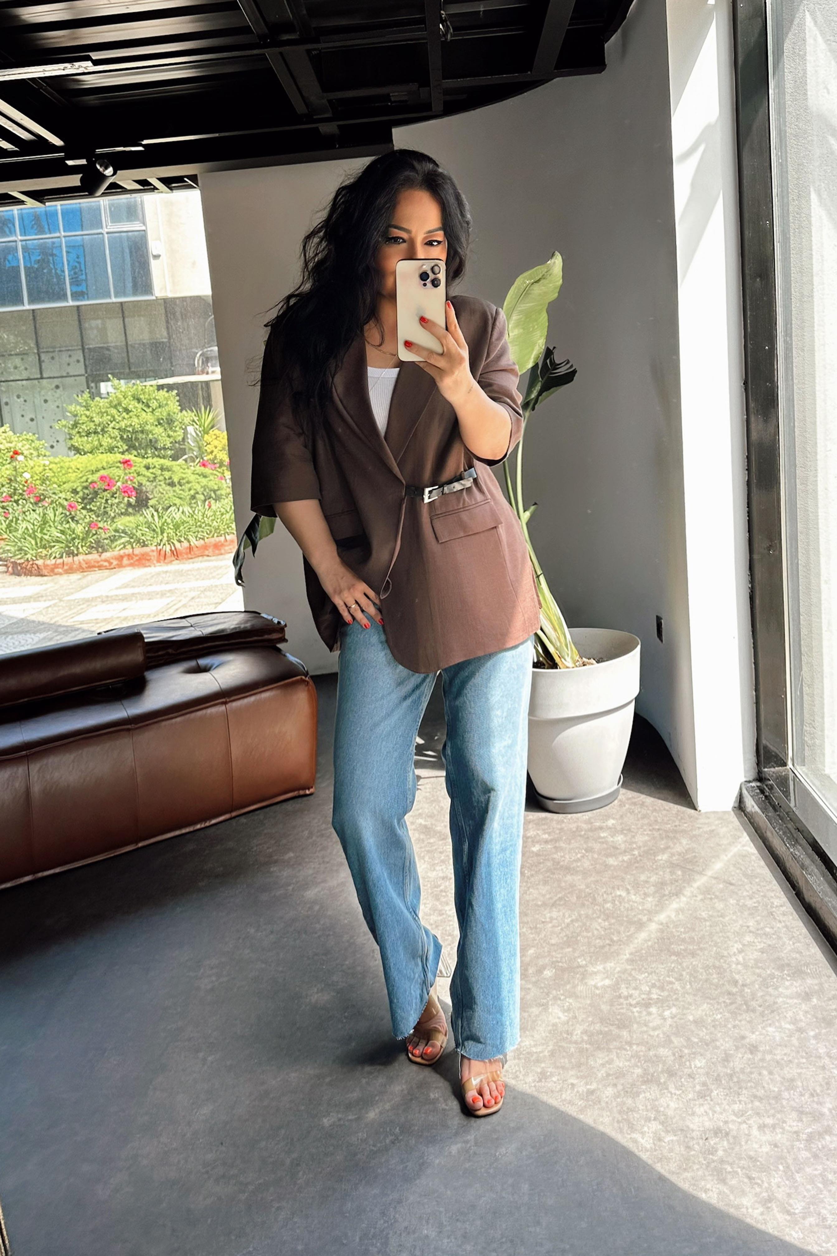 Premium Kalite Kemerli Tasarım Blazer Ceket Acı Kahve