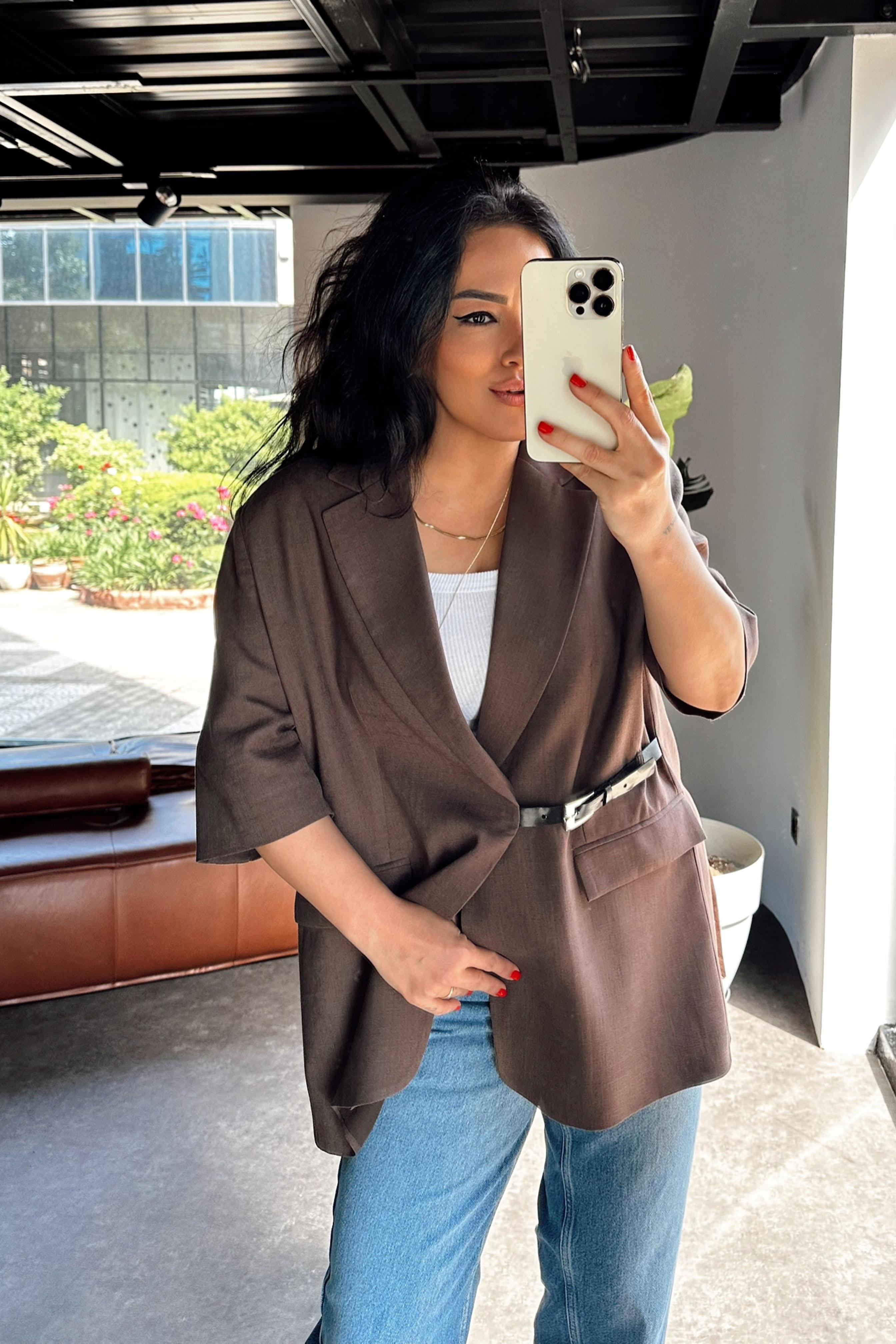 Premium Kalite Kemerli Tasarım Blazer Ceket Acı Kahve