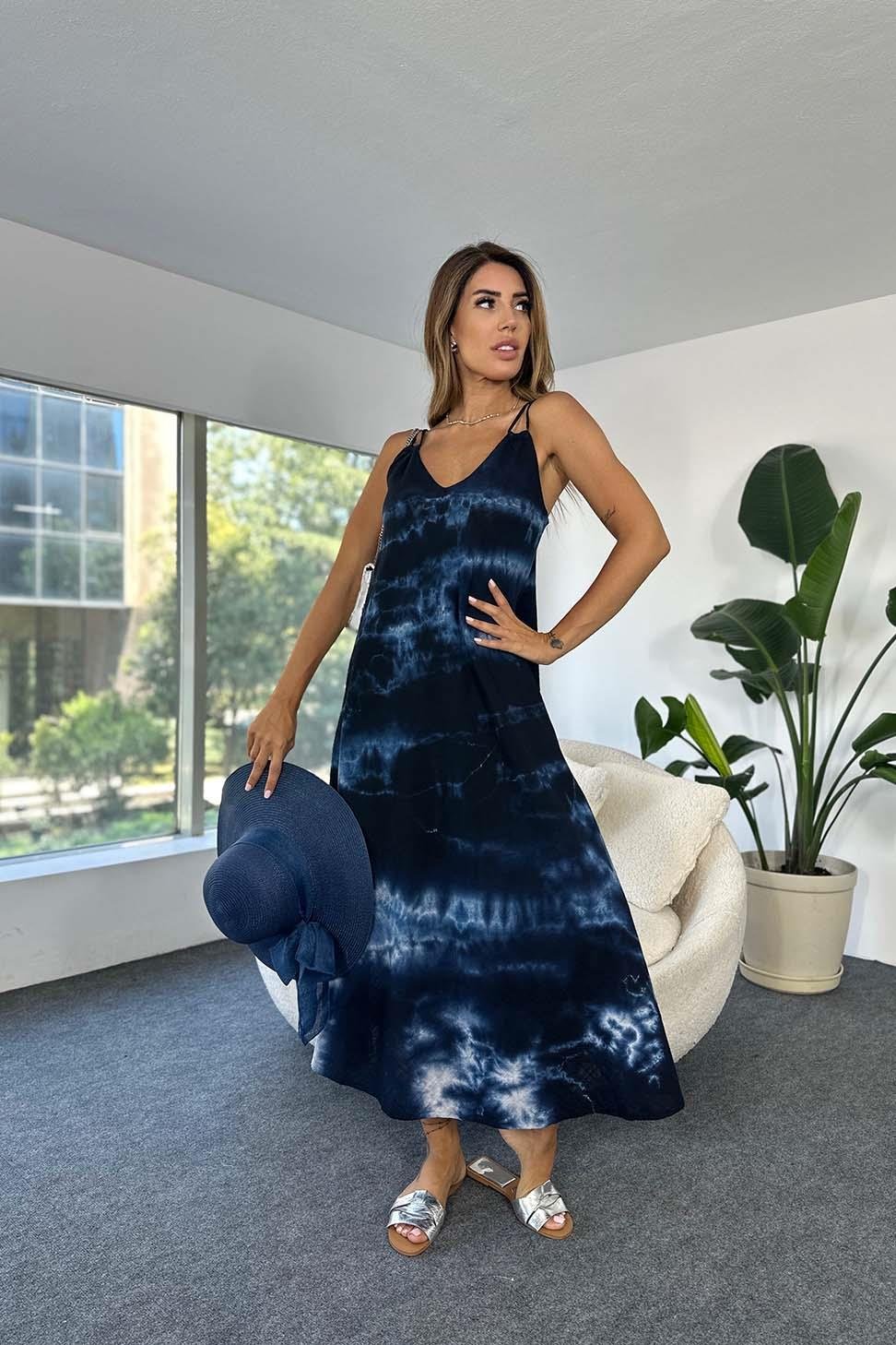 Premium Kalite Keten Dokulu Batik Desenli Elbise İndigo Mavisi