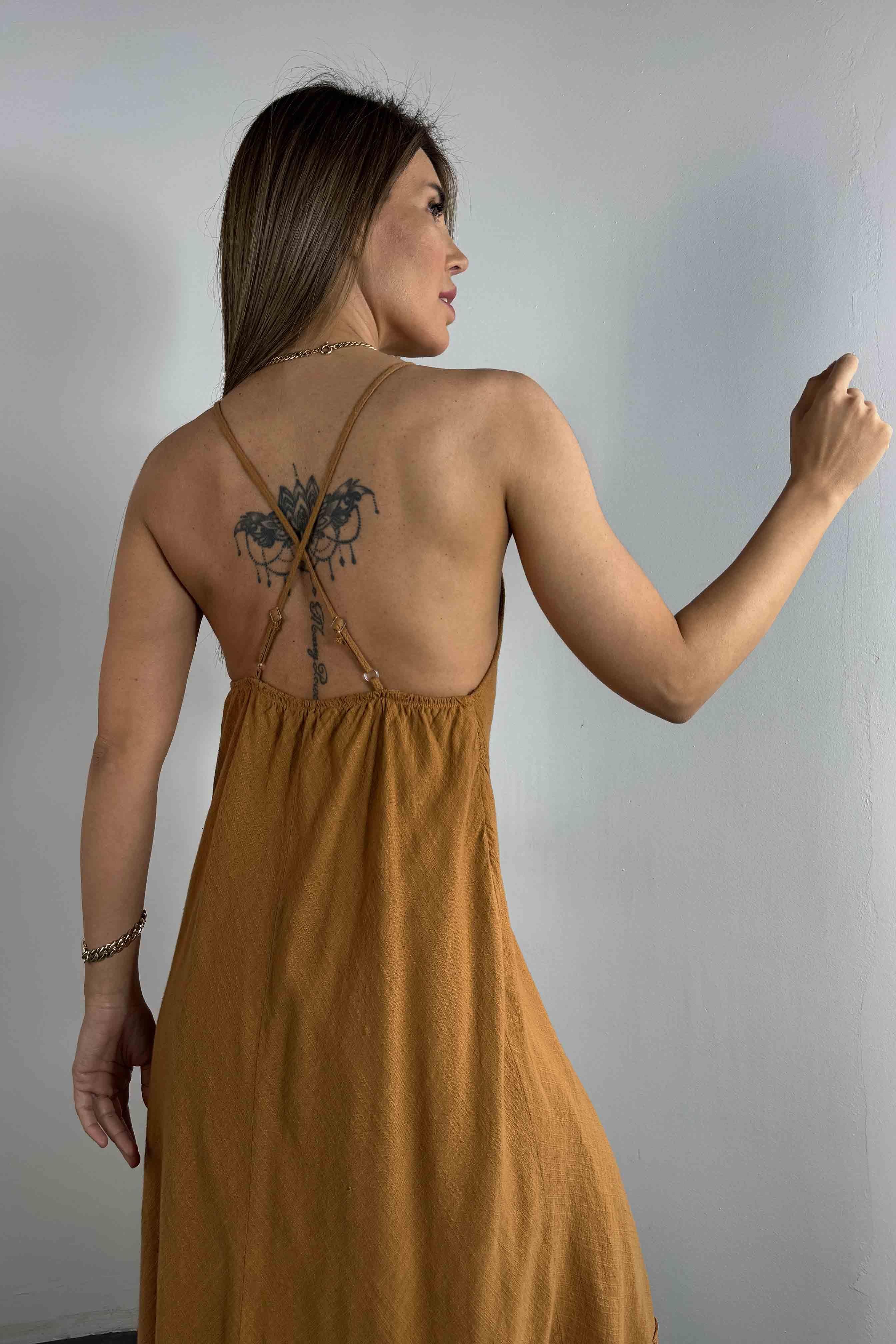 Premium Kalite Keten Dokulu Dantel Detaylı Elbise Camel